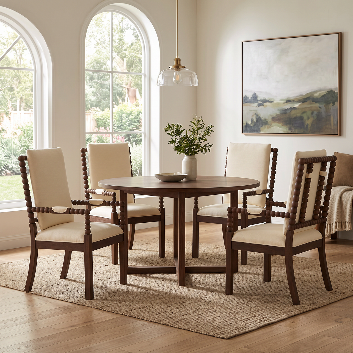 JIASTING Farmhouse Dining Chairs Set of 4 with Bobbin Spindle, Padded Armrest, Lineny, Dark Brown