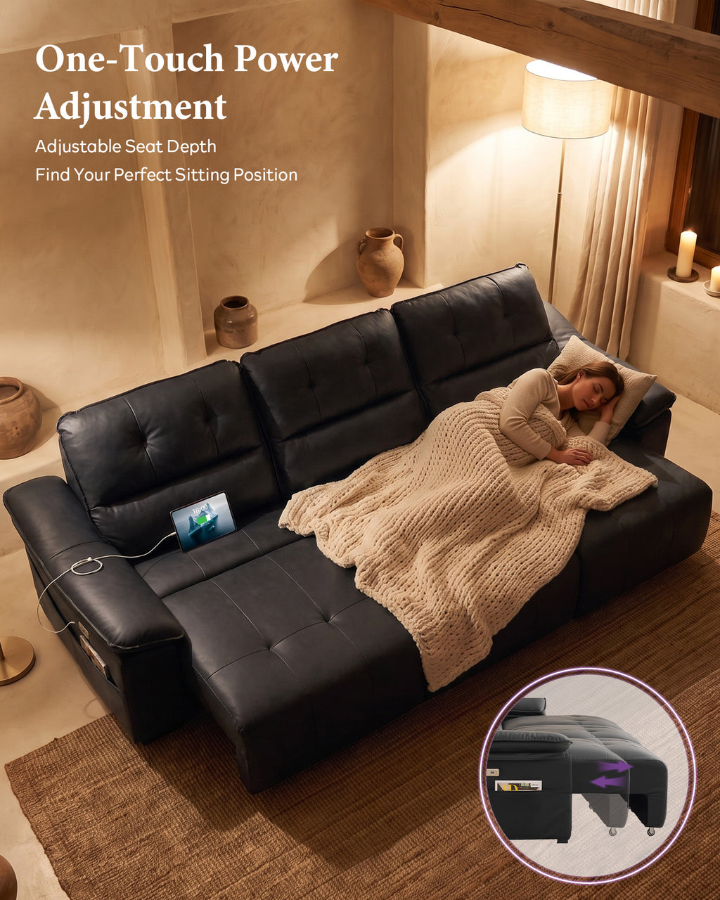 Electric Reclining Sectional Couch, Power Recliner Sofa w/USB & Type-C Charging Ports and Cup Holders, Leather Reclining Sofa for Living Room, Home Theater