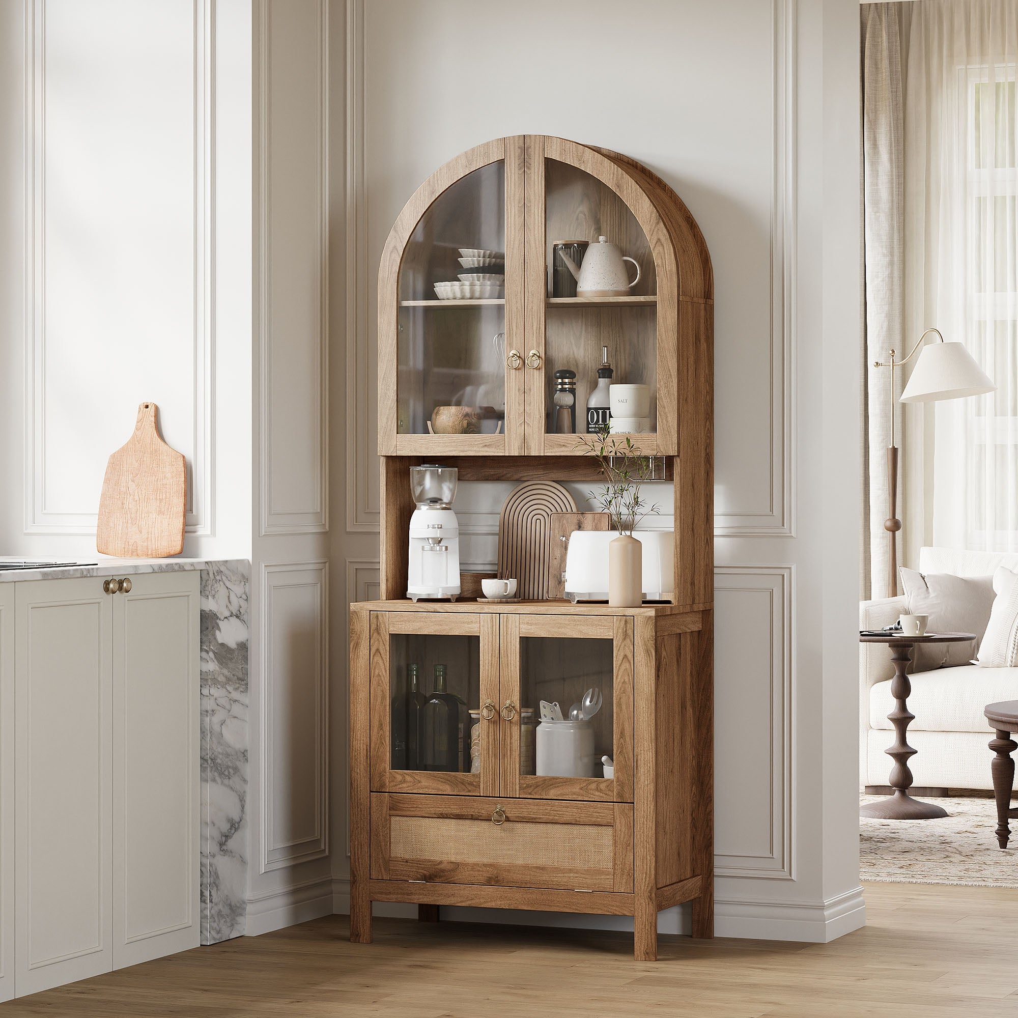 TYBOATLE 75’’ Tall Arched Pantry Cabinet w/Accessible Storage Area, China Cabinet w/Anti-Tipping Device and Innovative Drawer, Versatile Cupboard for Kitchen, Dining (Natrual)