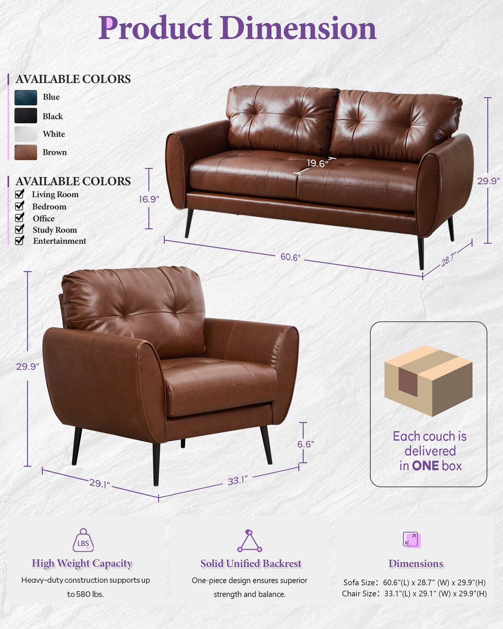 TYBOATLE 3 Piece Living Room Sets, Small Leather Loveseat and Chairs, Brown