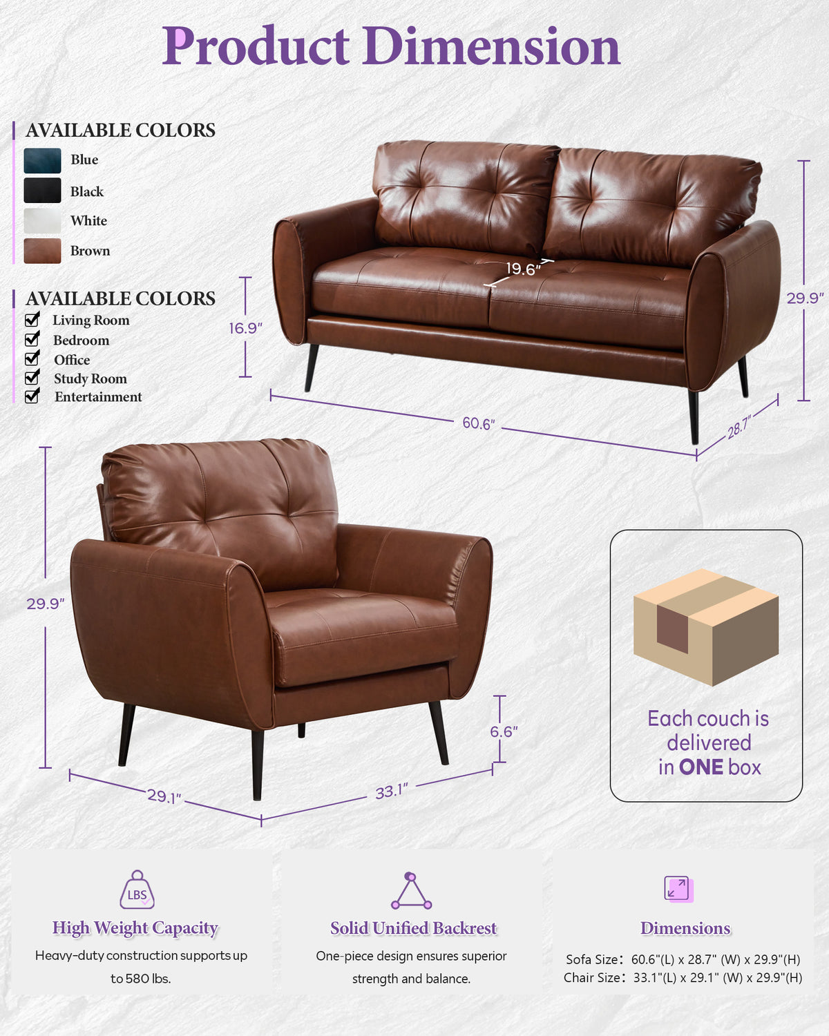 TYBOATLE 3 Piece Living Room Sets, Small Leather Loveseat and Chairs, Brown