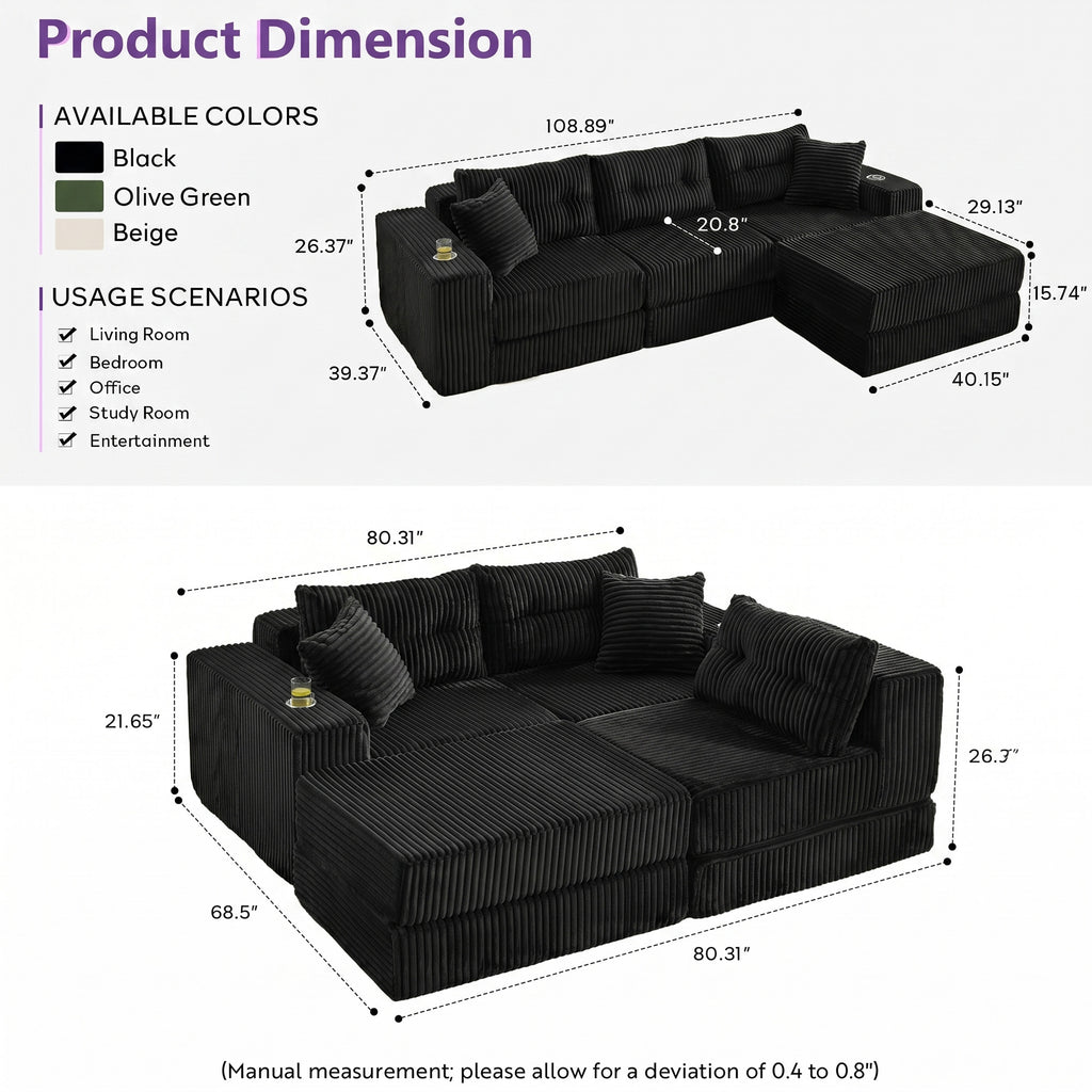 TYBOATLE Modular Sectional Sofa Couch, Corduroy Cloud Boneless Foam Couch with Deep Seats & Cup Holder, Modern Comfy Sleeper Sofa with L-Shape Chaise, No Assembly (Black)