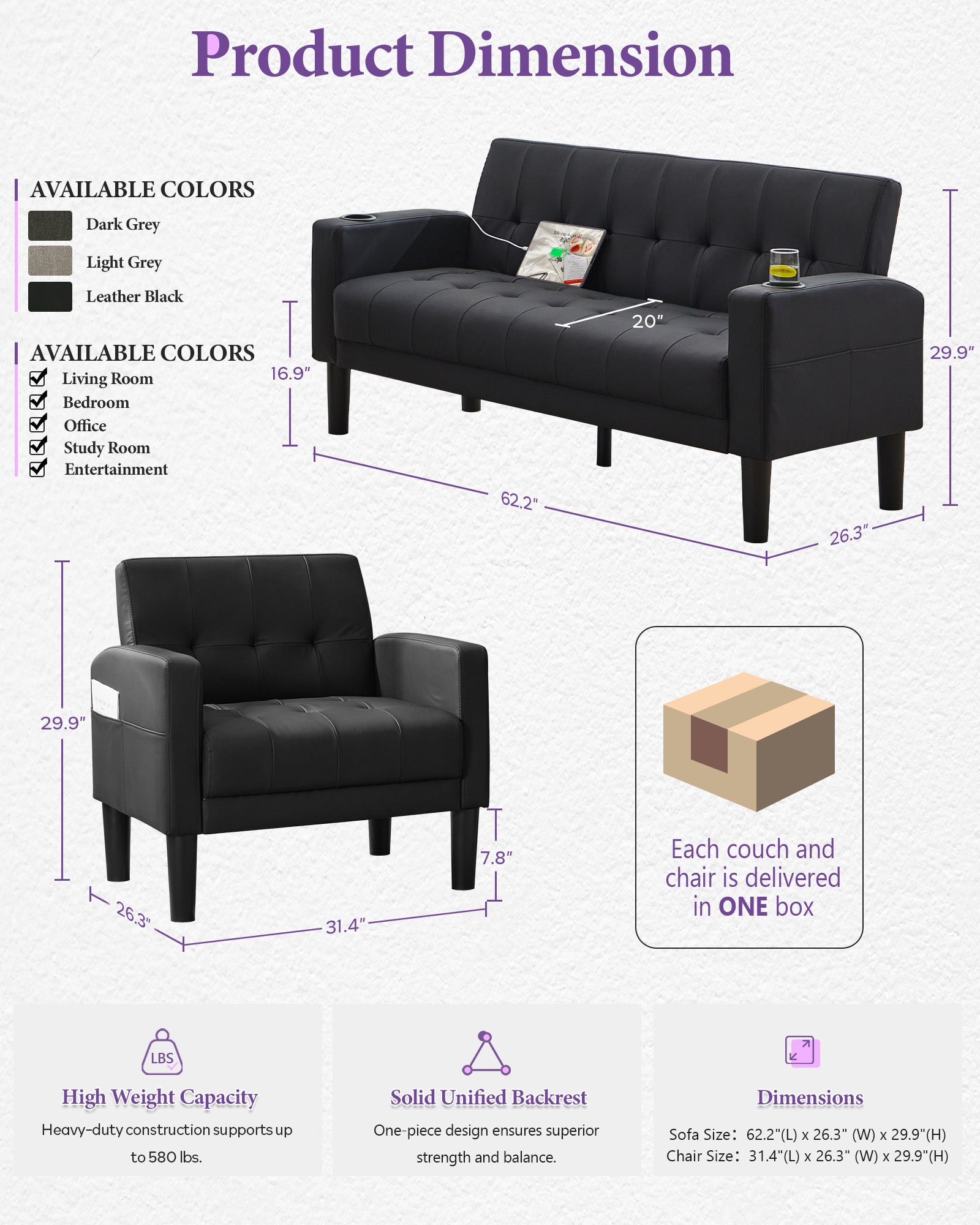 TYBOATLE Leather Couch and Chair Set, Living Room Furniture Set with USB & Type-C Ports, Black Loveseat Sofa and Matching Chair with Cup Holders, Modern Sofa Set for Apartment, Bedroom, Office