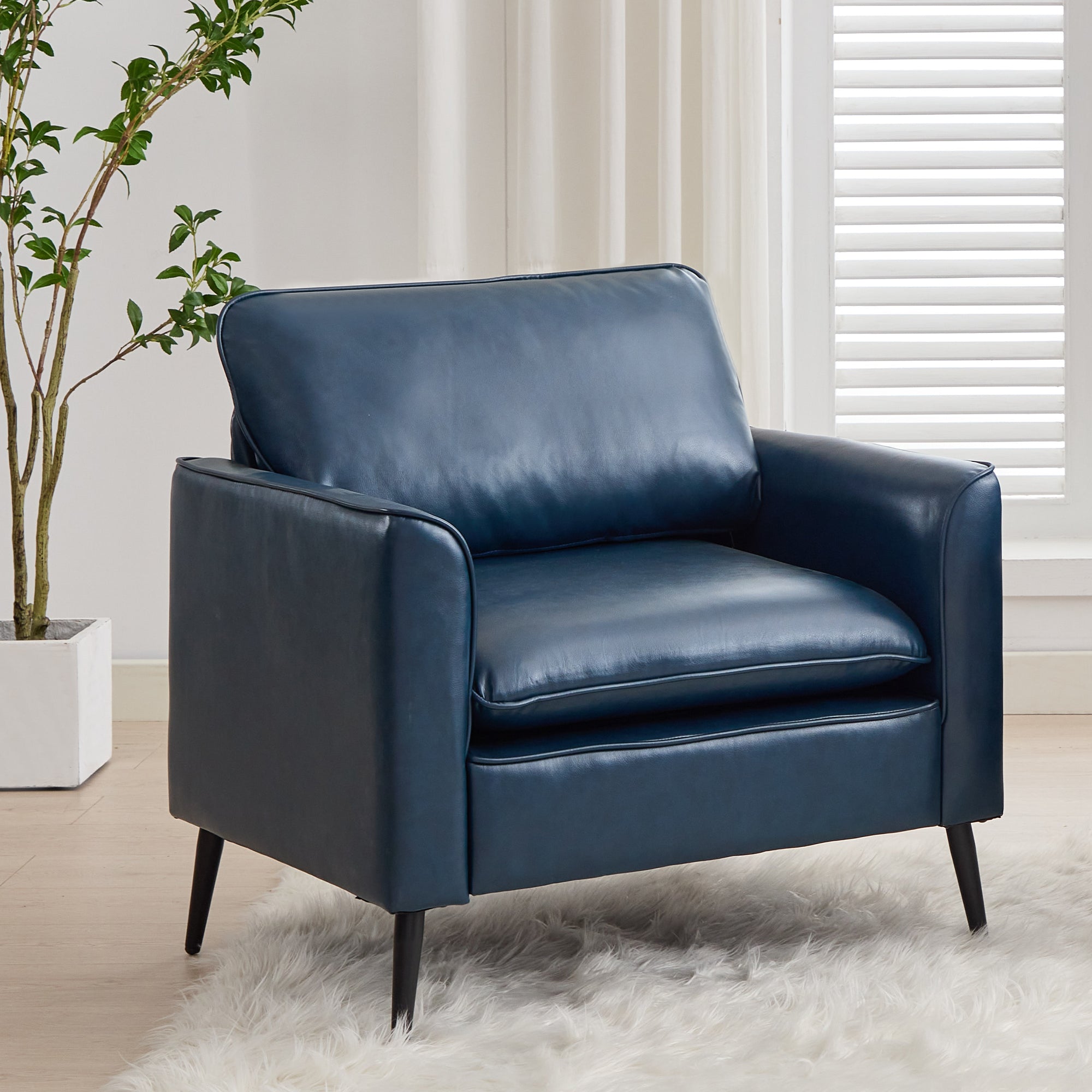 TYBOATLE Leather Accent Chair, Mid-Century Modern Comfy Living Room Chairs, Cozy Office Reading Chair, Reception Armchairs for Bedroom, Office, Waiting Room (Blue)