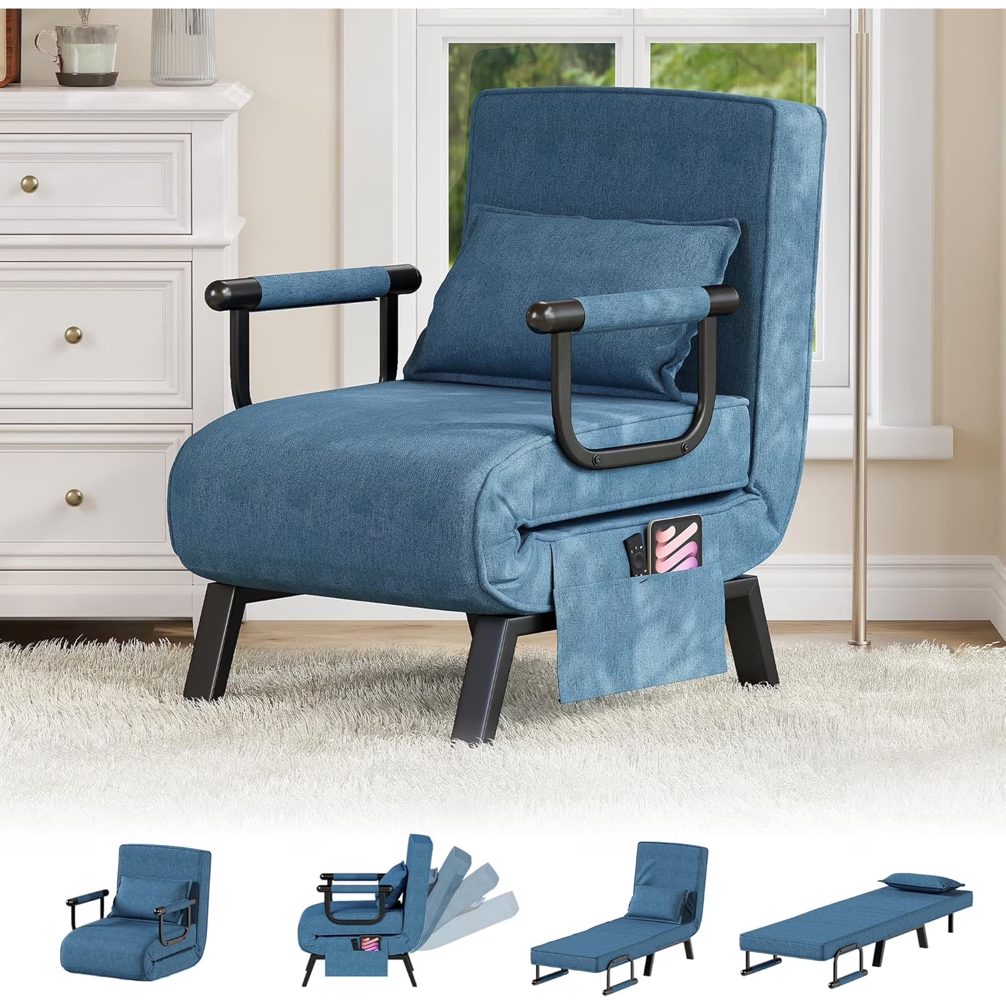 LAZZO 5-in-1 Convertible Sleep Chair Bed, Comfy Folding Sleeper Chair for Adults with Adjustable Backrest, Side Pockets & Pillow, Blue
