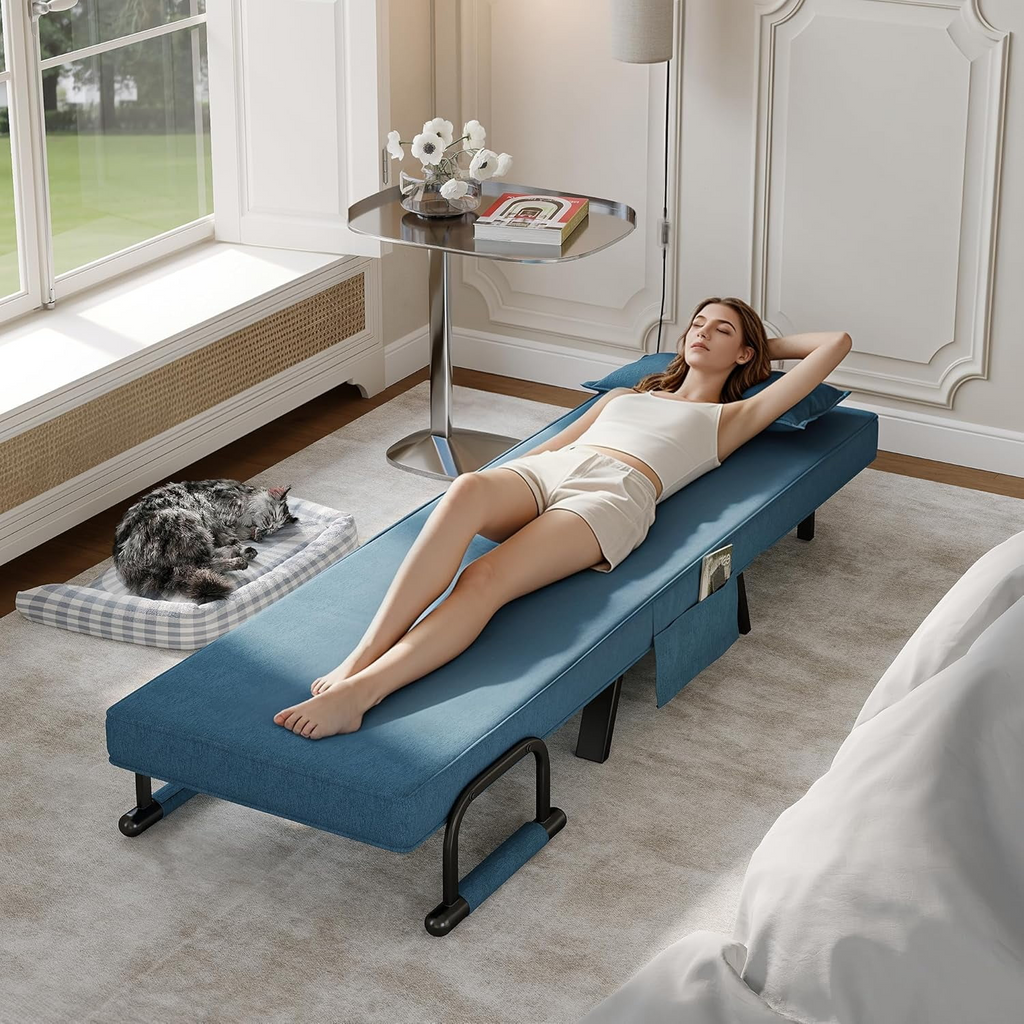 LAZZO 5-in-1 Convertible Sleep Chair Bed, Comfy Folding Sleeper Chair for Adults with Adjustable Backrest, Side Pockets & Pillow, Blue
