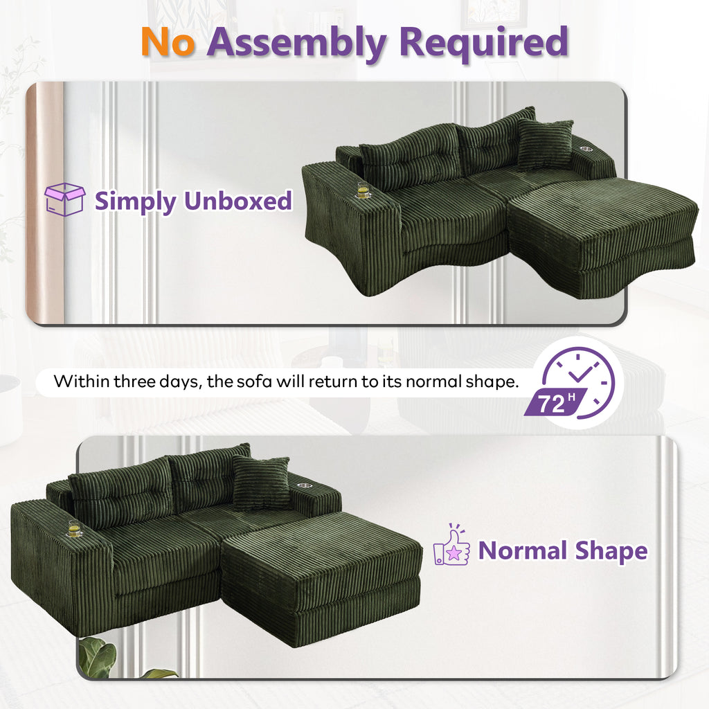TYBOATLE Modular Cloud Sofa Loveseat with Ottoman, Modern Corduroy Boneless Sectional Foam Couch with Deep Seats, Convertible Sleeper Sofa Bed for Living Room, No Assembly (Forest Green, 2 Seat)