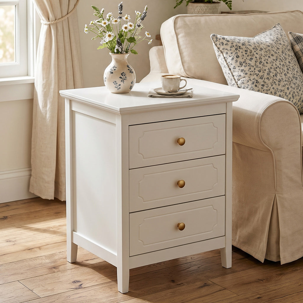 YIGOBUY 3 Drawer Nightstand, Modern Storage Night Stand White Narrow Bedside Table with Gold Knobs,Wood End Table