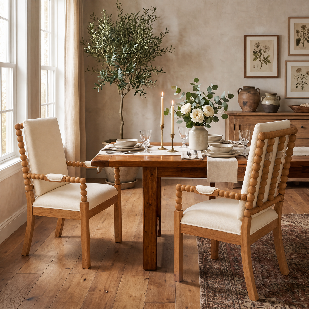 JIASTING Farmhouse Dining Chairs Set of 2 with Bobbin Spindle, Padded Armrest, Linen, Natural Wood