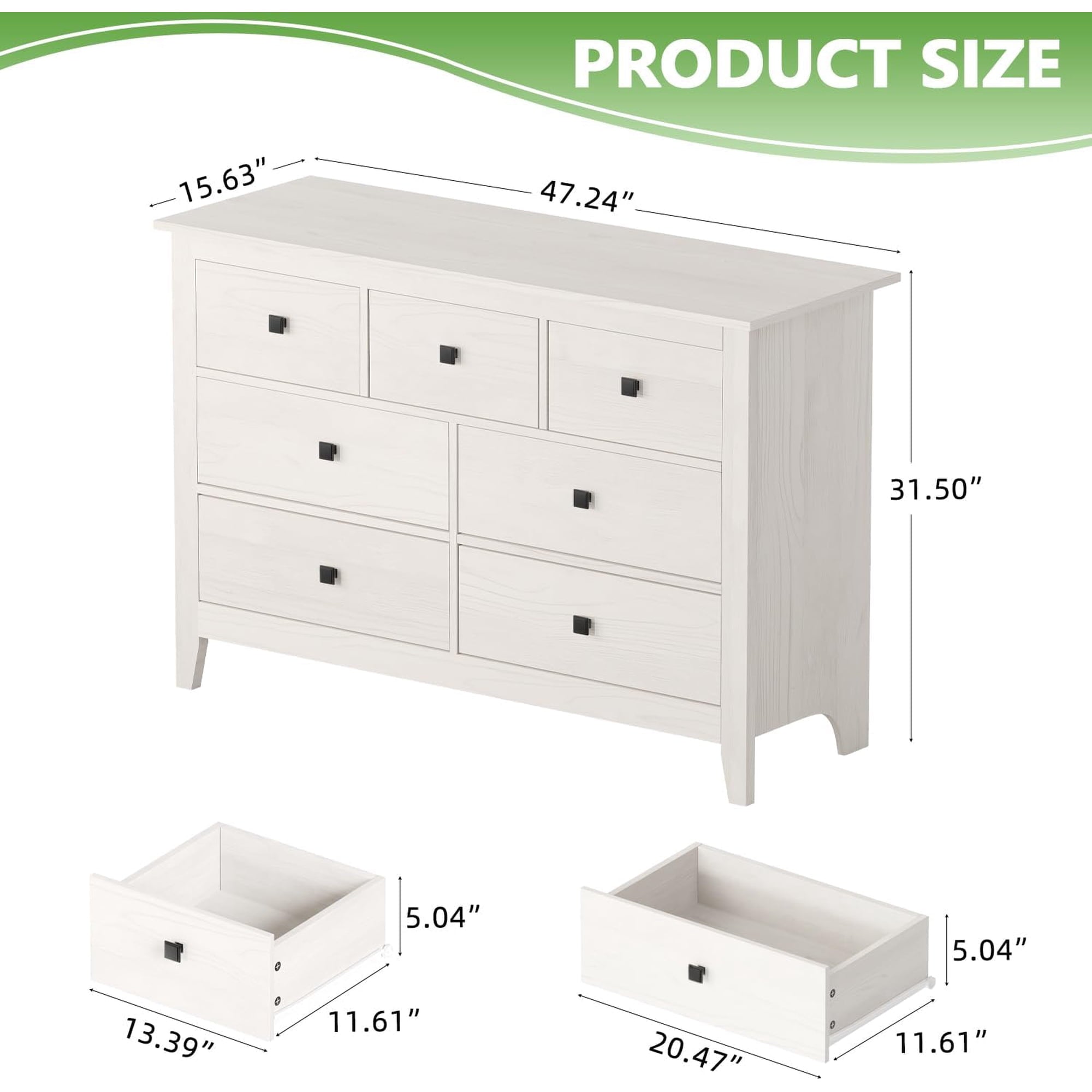 LAZZO 7-Drawer Dresser, Farmhouse Wooden Chest of Drawers for Bedroom Living Room and Hallway, White
