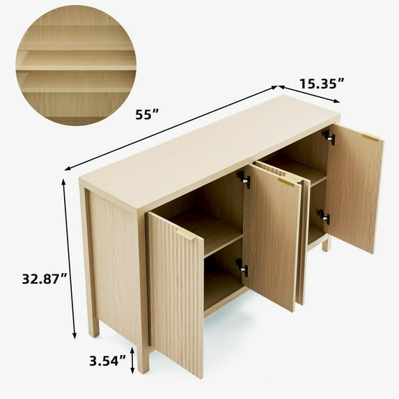 LAZZO 55" Fluted Buffet Cabinet, Kitchen Sideboard with Doors & Storage Shelves for Dining & Living Room, Natural Wood