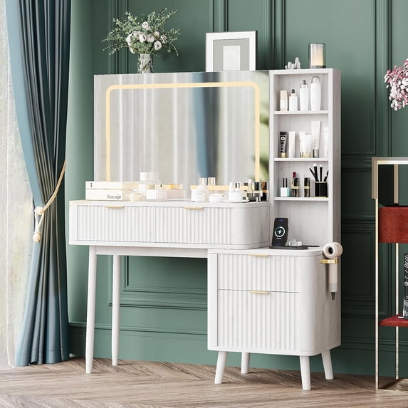 LAZZO 48" Makeup Vanity Desk with Lighted Mirror, Glass Top, Jewelry Organizer and Charging Station for Bedroom, White