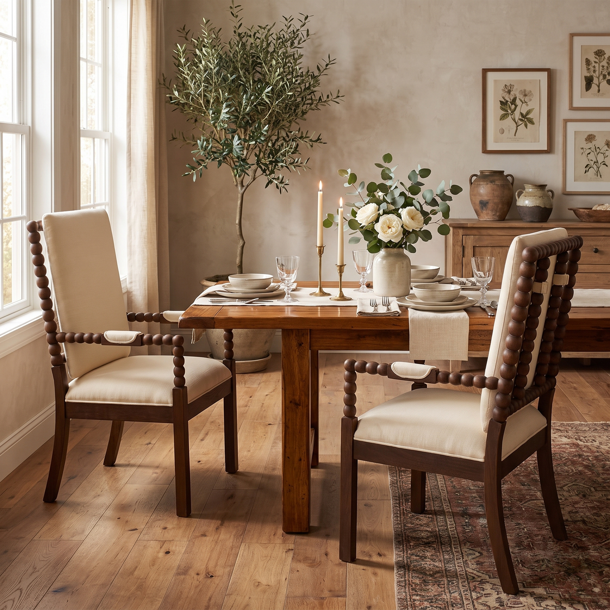 JIASTING Farmhouse Dining Chairs Set of 2 with Bobbin Spindle, Padded Armrest, Linen, Dark Brown