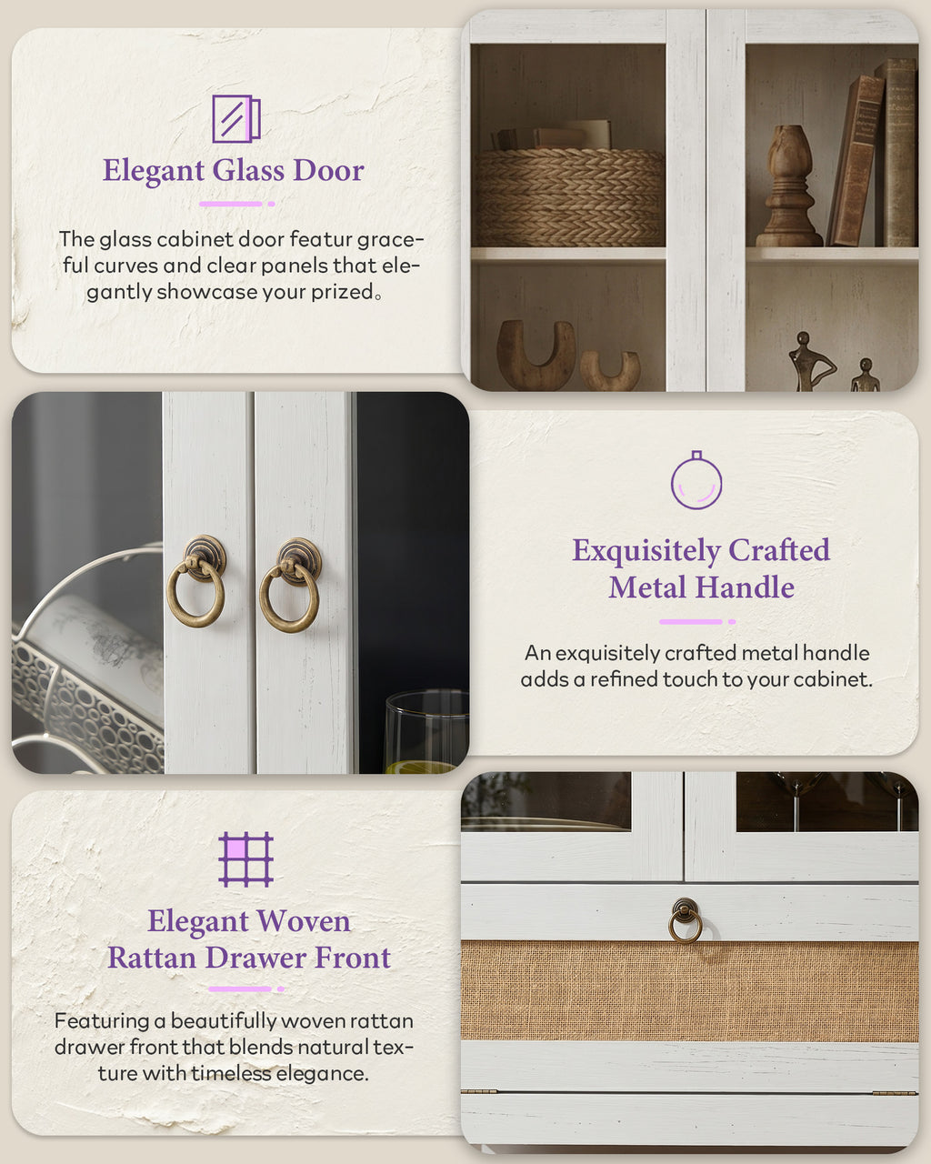 75'' White Arched Cabinet, Arch Storage Cabinet, Pantry with 3 Glass Doors | TYBOATLE, Pantry Cabinet, Farmhouse Style, Rattan Drawers, Anti-Tip Device, Kitchen, Bathroom, Dining Room, Cupboard Storage
