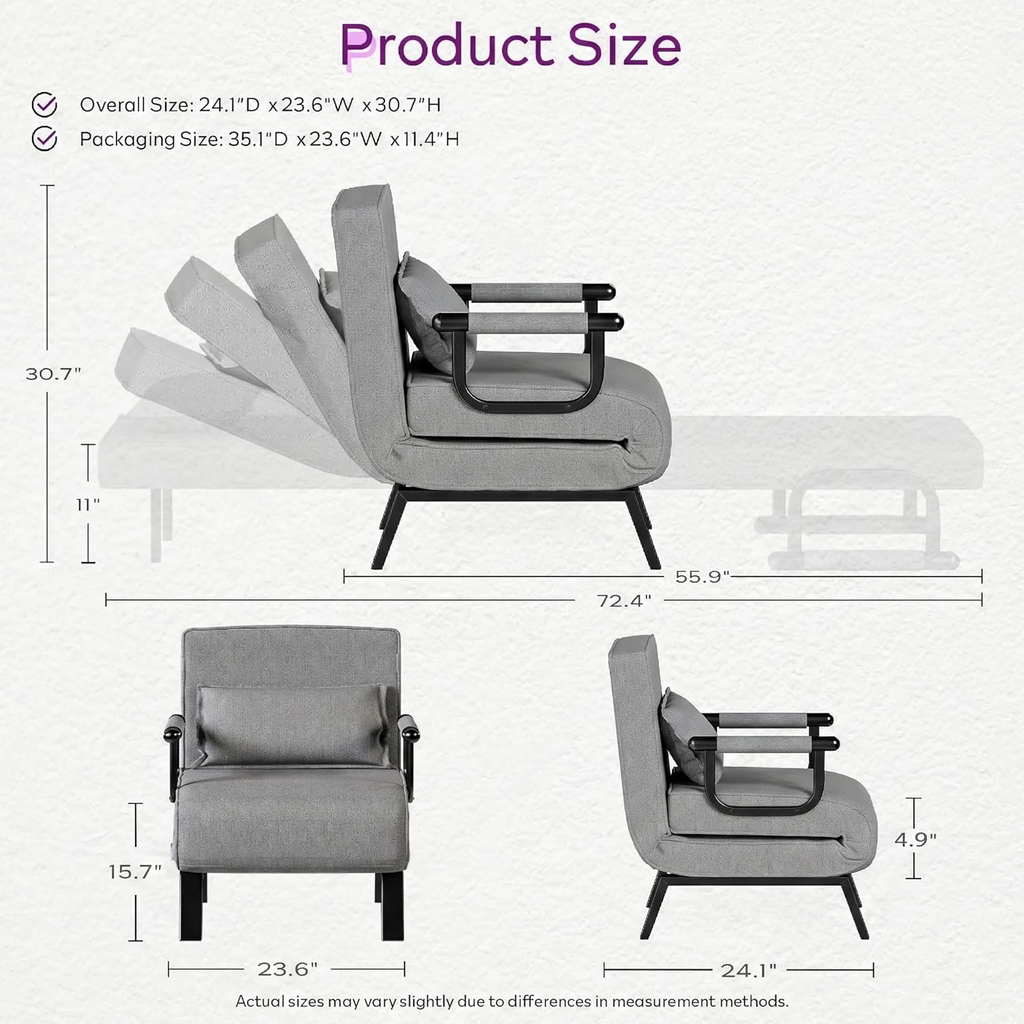 LAZZO 5-in-1 Convertible Sleep Chair Bed, Comfy Folding Sleeper Chair for Adults with Adjustable Backrest, Side Pockets & Pillow, Gray