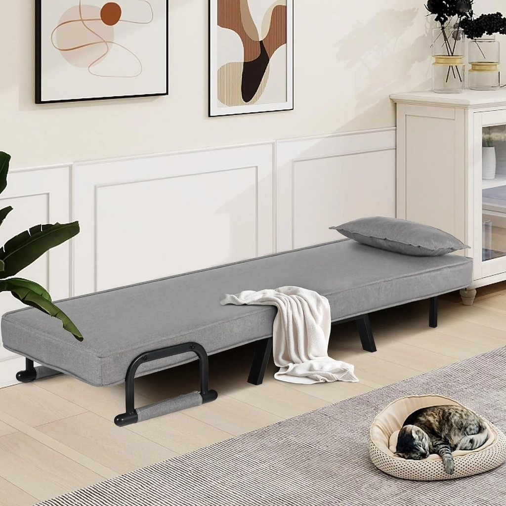 LAZZO 5-in-1 Convertible Sleep Chair Bed, Comfy Folding Sleeper Chair for Adults with Adjustable Backrest, Side Pockets & Pillow, Gray