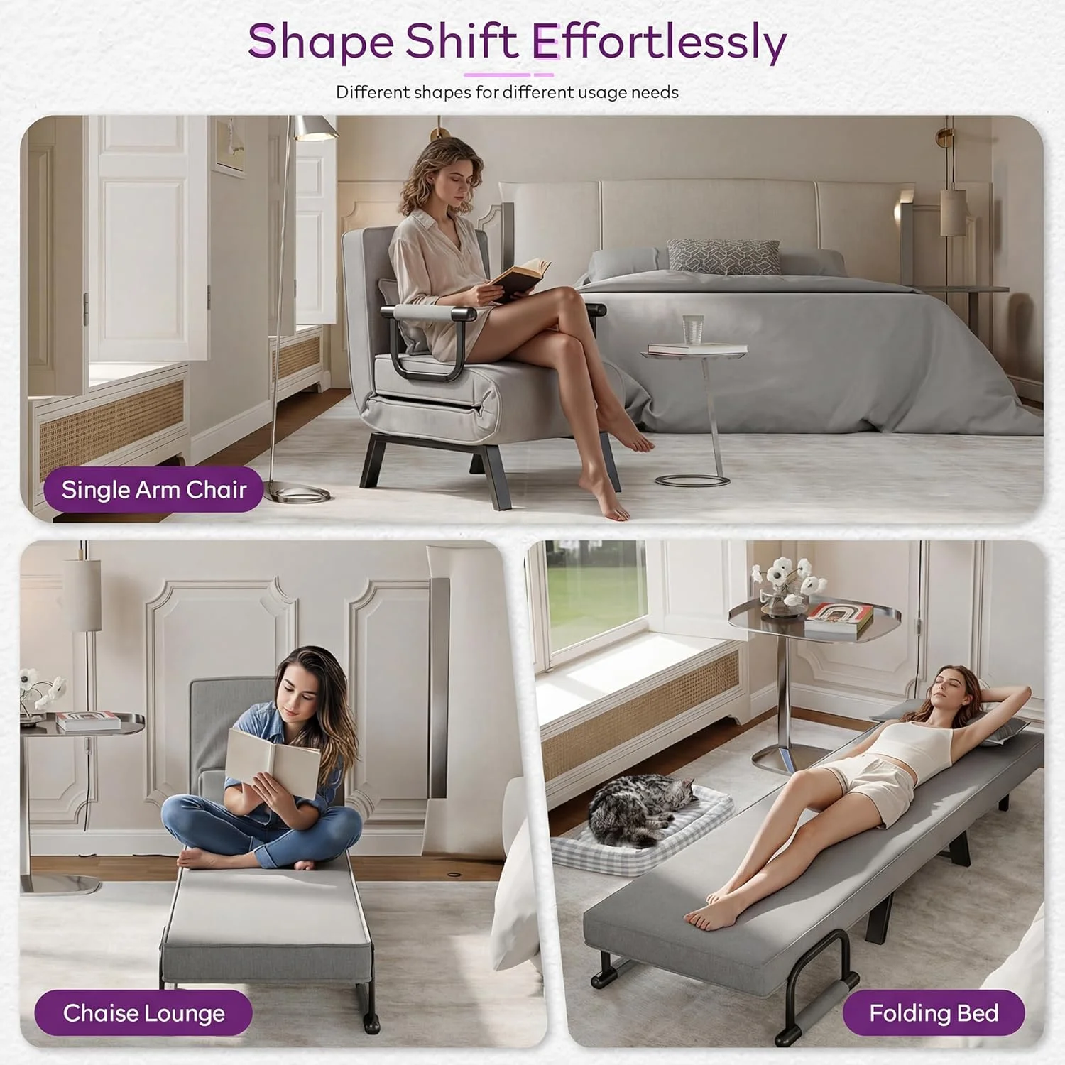 LAZZO 5-in-1 Convertible Sleep Chair Bed, Comfy Folding Sleeper Chair for Adults with Adjustable Backrest, Side Pockets & Pillow, Gray