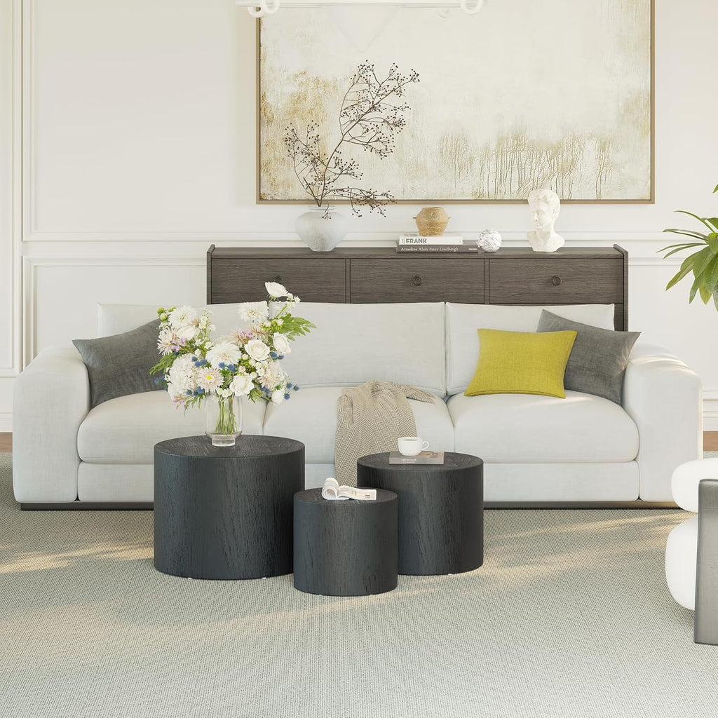 LAZZO Nesting Round Coffee Table Set of 3, Modern Wooden Accent Side Table, Space-Saving Table for Living Room Bedroom, Black