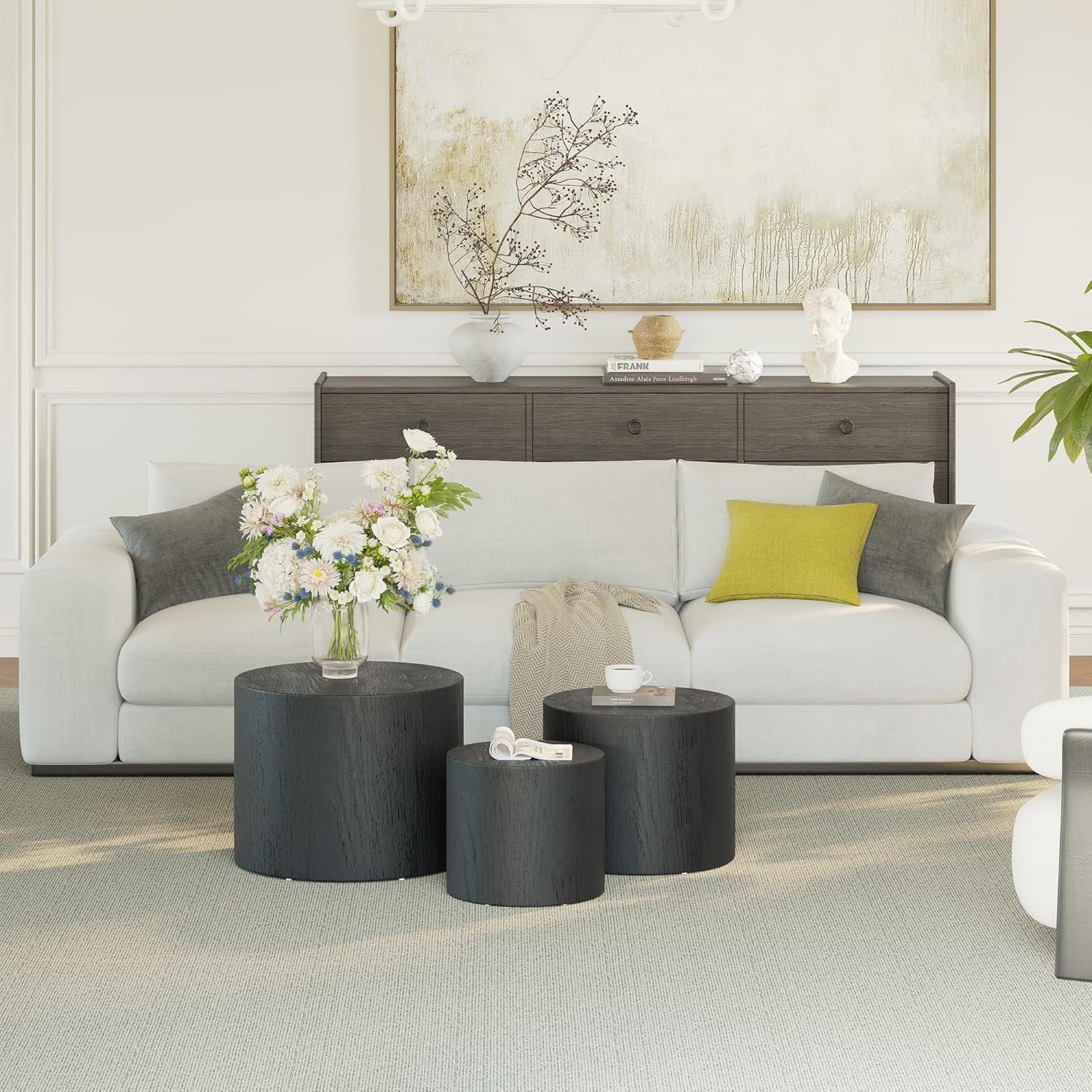 LAZZO Nesting Round Coffee Table Set of 3, Modern Wooden Accent Side Table, Space-Saving Table for Living Room Bedroom, Black