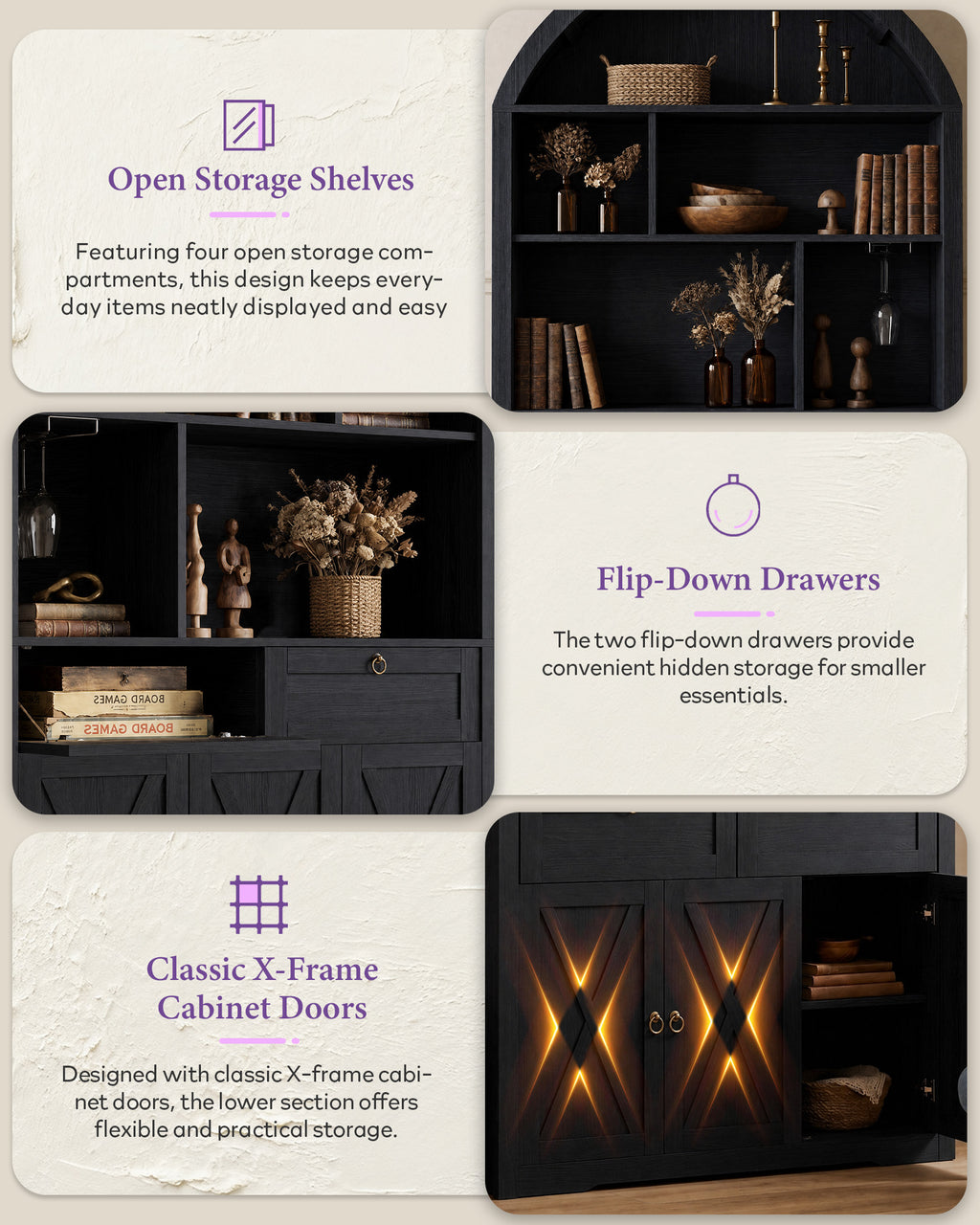 75'' Arched Cabinet, Arch Storage Cabinet with Power Strip Kitchen Dining | TYBOATLE, Farmhouse Pantry Cabinet, Open Shelves, Soft-Close Doors, Anti-Tip Device, X-Frame Doors, Coffee Bar Storage