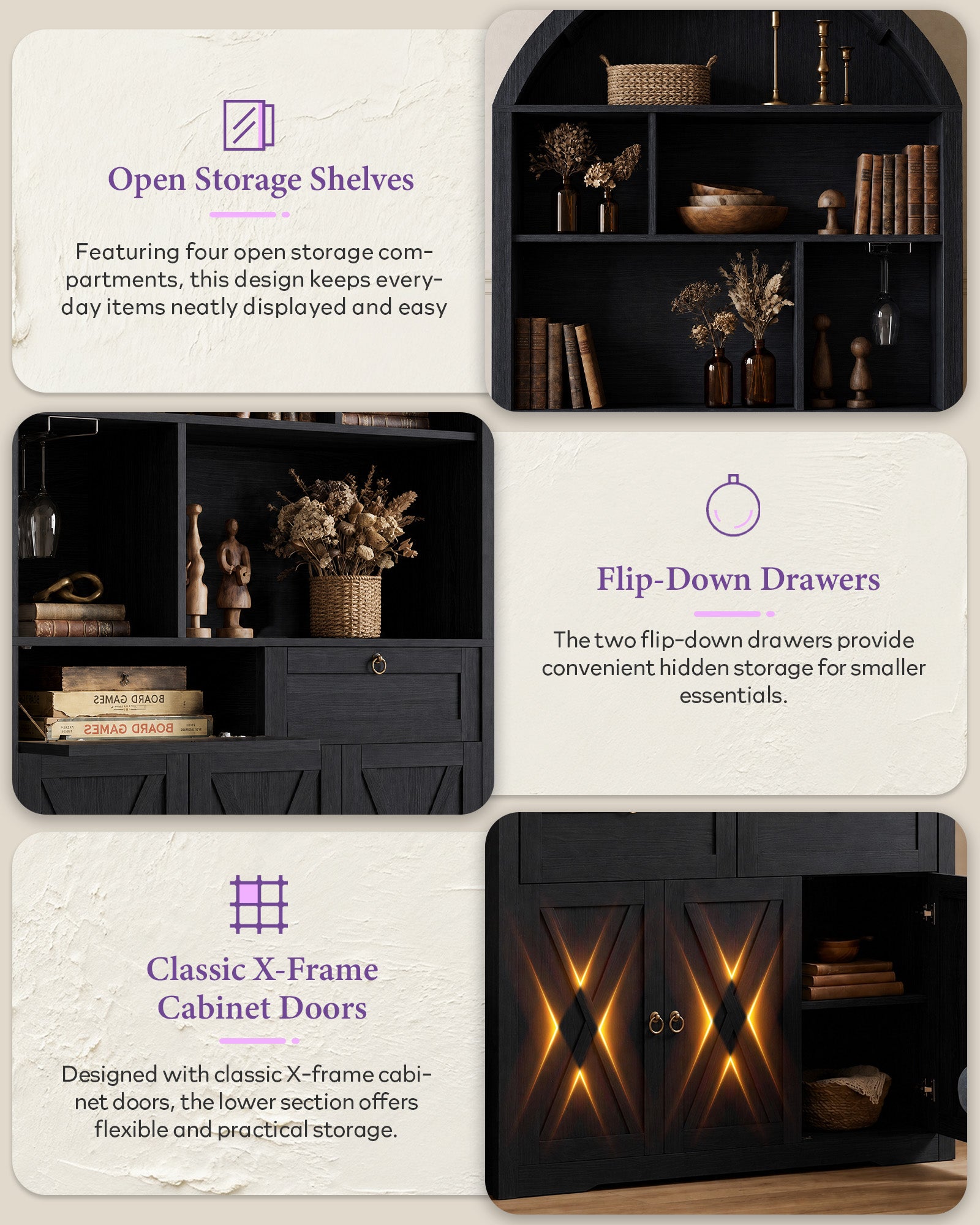 75'' Arched Cabinet, Arch Storage Cabinet with Power Strip Kitchen Dining | TYBOATLE, Farmhouse Pantry Cabinet, Open Shelves, Soft-Close Doors, Anti-Tip Device, X-Frame Doors, Coffee Bar Storage