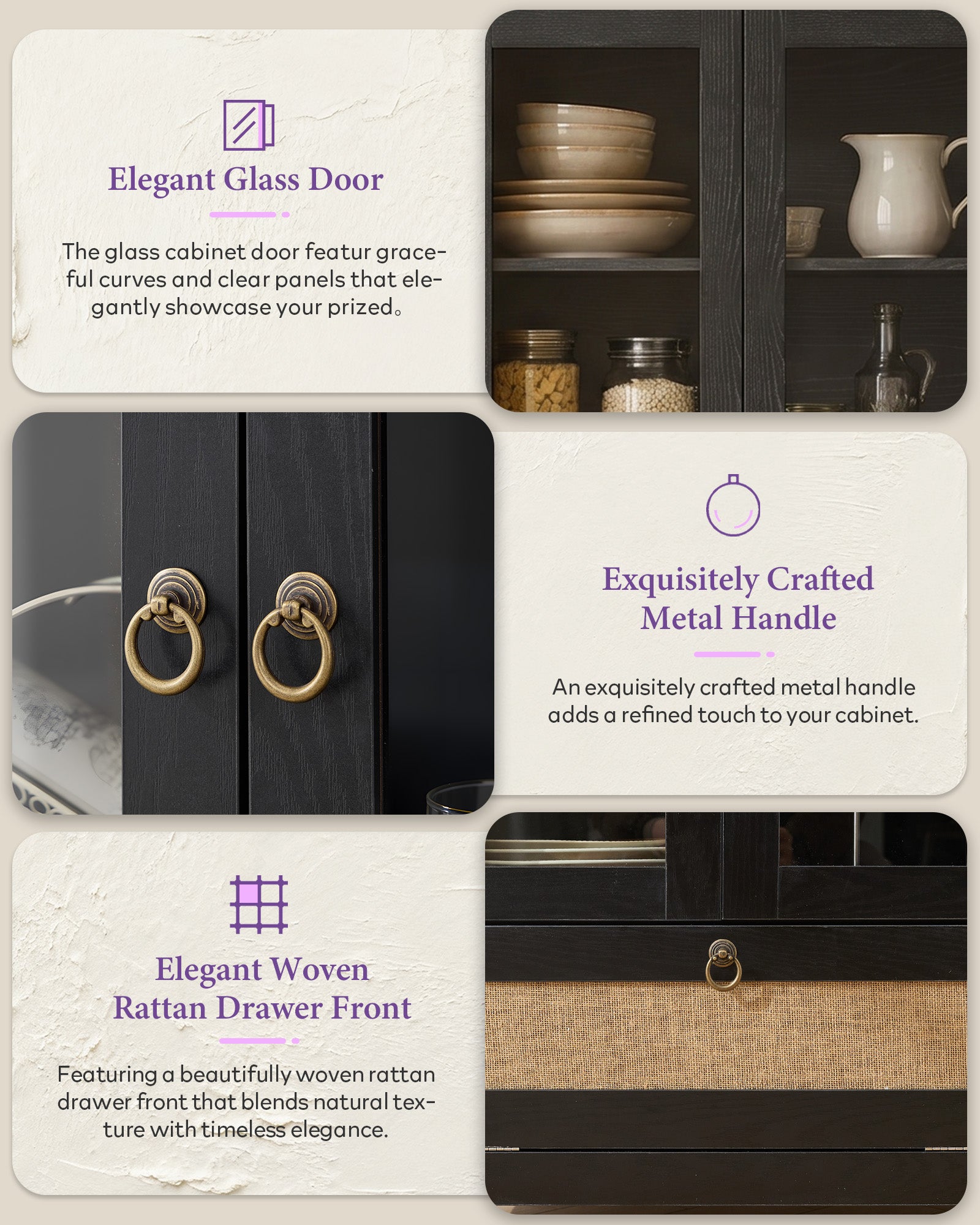 75'' Black Arched Cabinet, Arch Pantry Storage Cabinet with 3 Glass Doors | TYBOATLE, Pantry Cabinet, Farmhouse Style, Rattan Drawers, Anti-Tip Device, Kitchen, Bathroom, Dining Room, Cupboard Storage