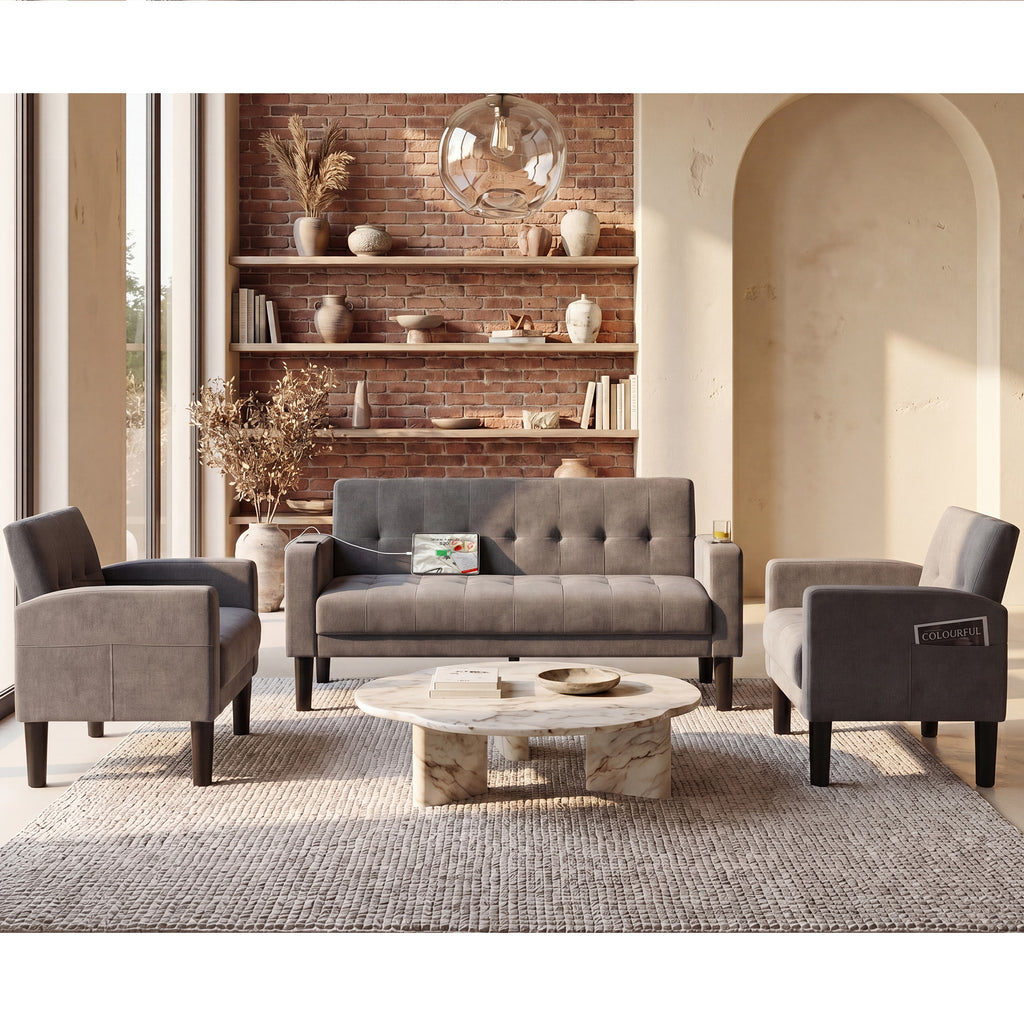 TYBOATLE Sofa Couch 62" W Loveseat w/ 2 USB Charger Ports & 2 Cupholders, Mid-Century Modern Black Leather Tufted Small Love Seat Couches for Office, Compact Living Room, Bedroom (Light Grey, 2+1+1)