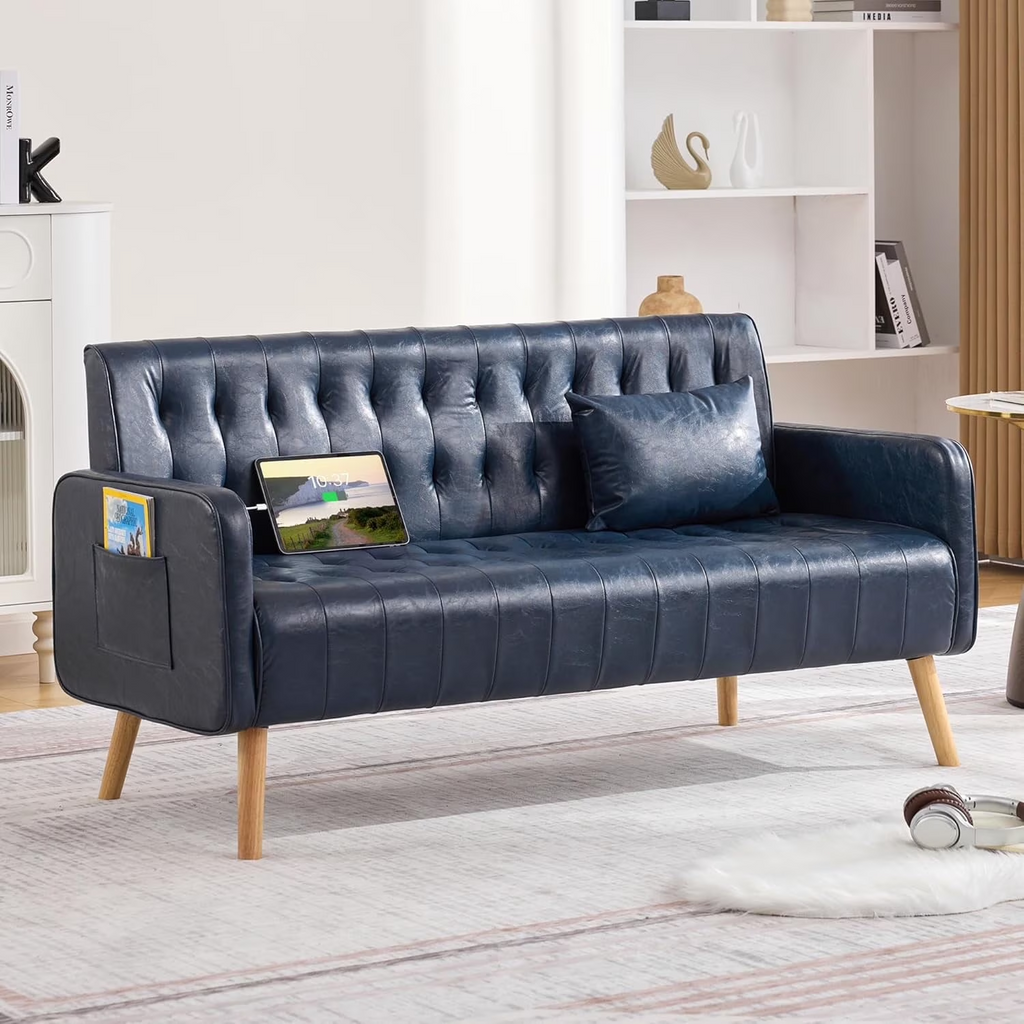 LAZZO 57" Mid-Century Modern Loveseat Sofa, Faux Leather Tufted Small Couch with USB Charging Ports & Pockets, Blue