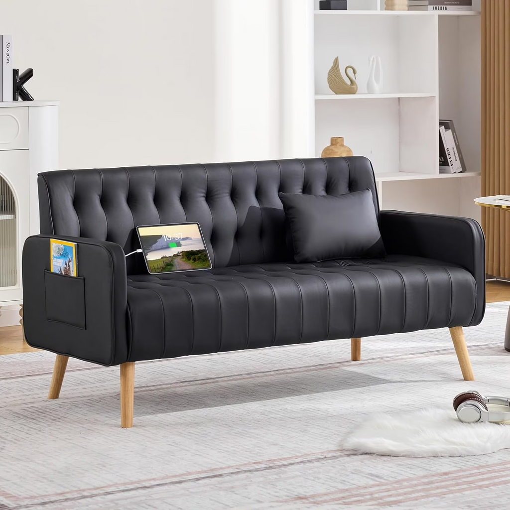 LAZZO 57" Mid-Century Modern Loveseat Sofa, Faux Leather Tufted Small Couch with USB Charging Ports & Pockets, Black