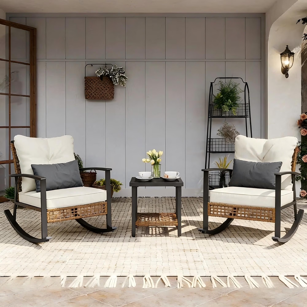 LAZZO 3 Pieces Patio Outdoor Conversation Set with Lumbar Pillows and Coffee Table, PE Wicker Rocking Chairs with Beige Cushions