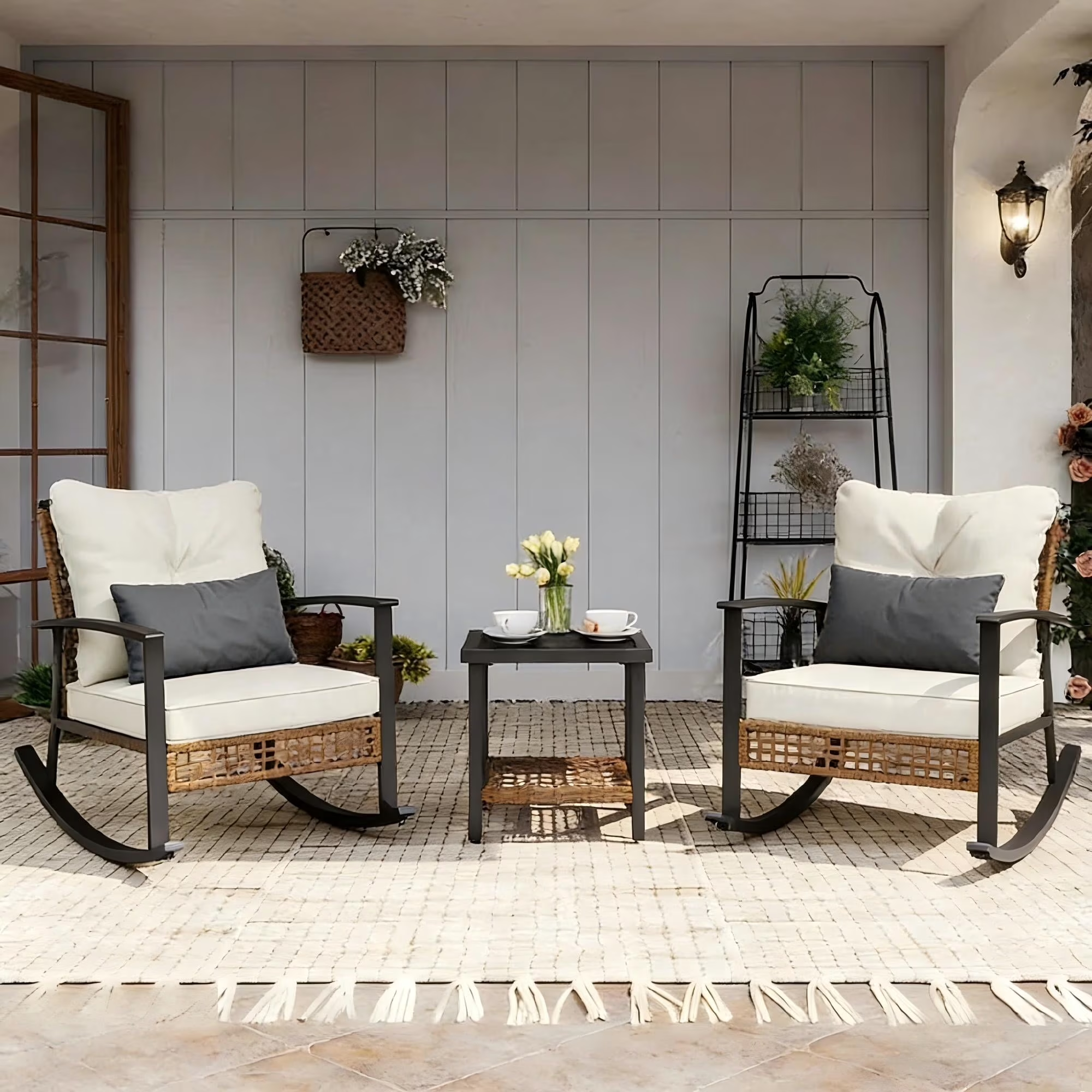 LAZZO 3 Pieces Patio Outdoor Conversation Set with Lumbar Pillows and Coffee Table, PE Wicker Rocking Chairs with Beige Cushions