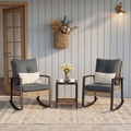 LAZZO 3 Pieces Patio Outdoor Conversation Set with Lumbar Pillows and Coffee Table, PE Wicker Rocking Chairs with Gray Cushions