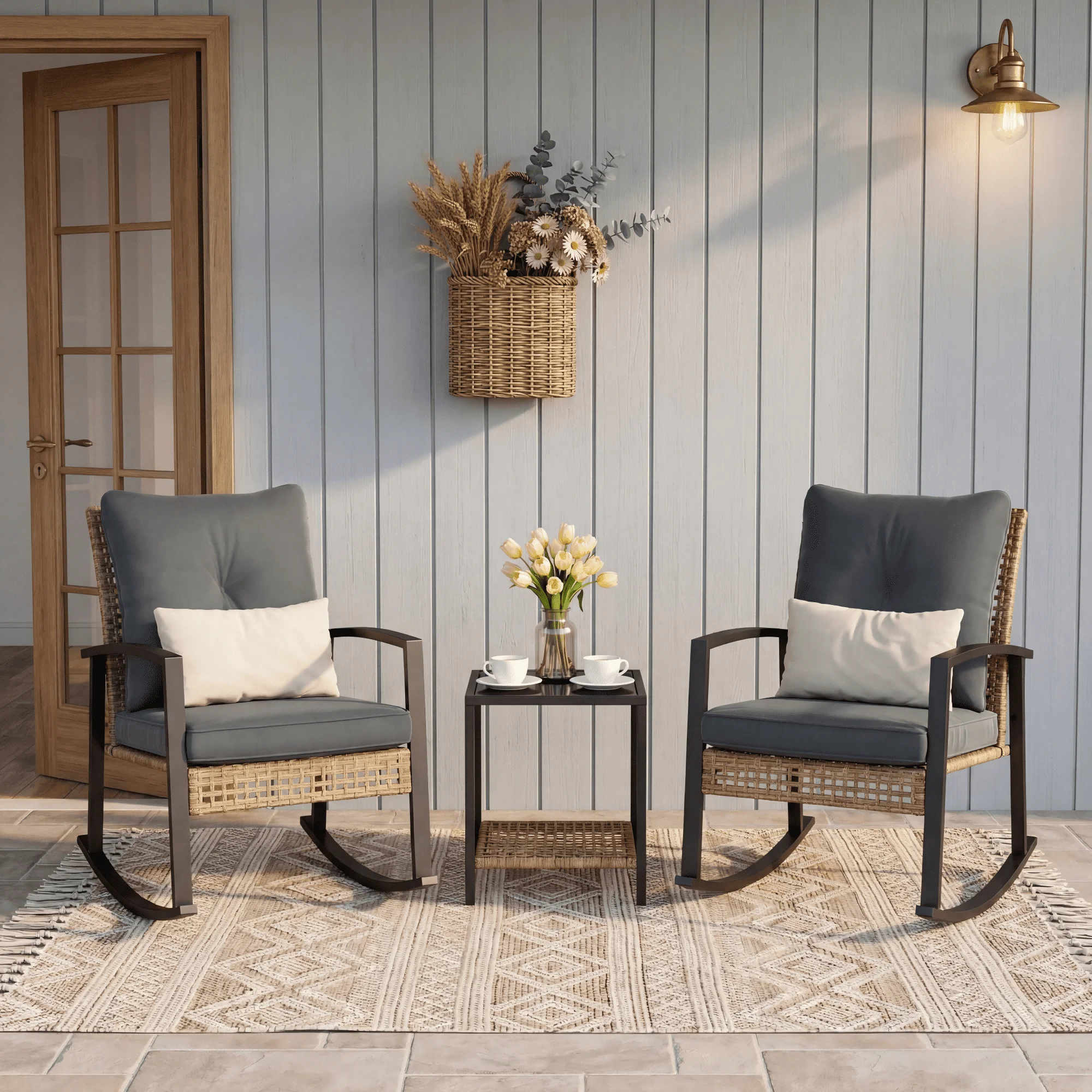 LAZZO 3 Pieces Patio Outdoor Conversation Set with Lumbar Pillows and Coffee Table, PE Wicker Rocking Chairs with Gray Cushions