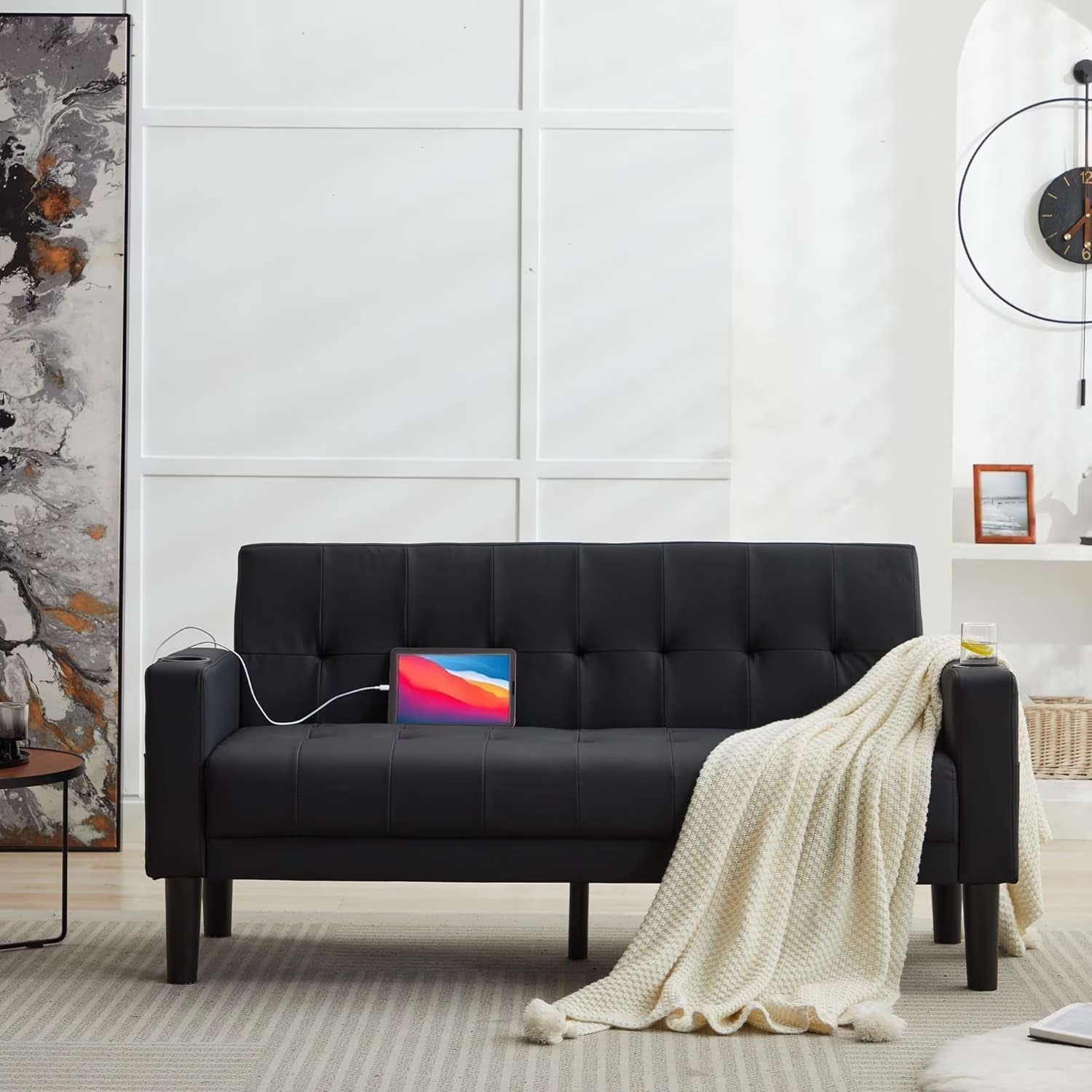 LAZZO 62" Mid-Century Modern Loveseat Sofa, Faux Leather Tufted Compact Couch with USB Ports & Cupholders, Black