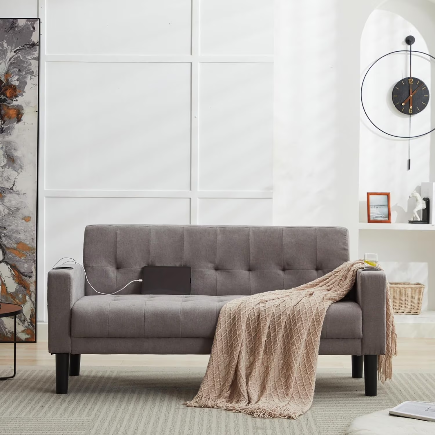 LAZZO 62" Mid-Century Modern Loveseat Sofa, Faux Leather Tufted Compact Couch with USB Ports & Cupholders, Light Gray