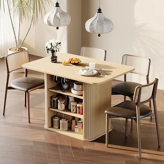 LAZZO 43.3" Dining Table for 4 People, Small Rectangular Kitchen Table with 3-Tier Storage Shelf, Modern Farmhouse Fluted Wood Table for Dining Room, Oak