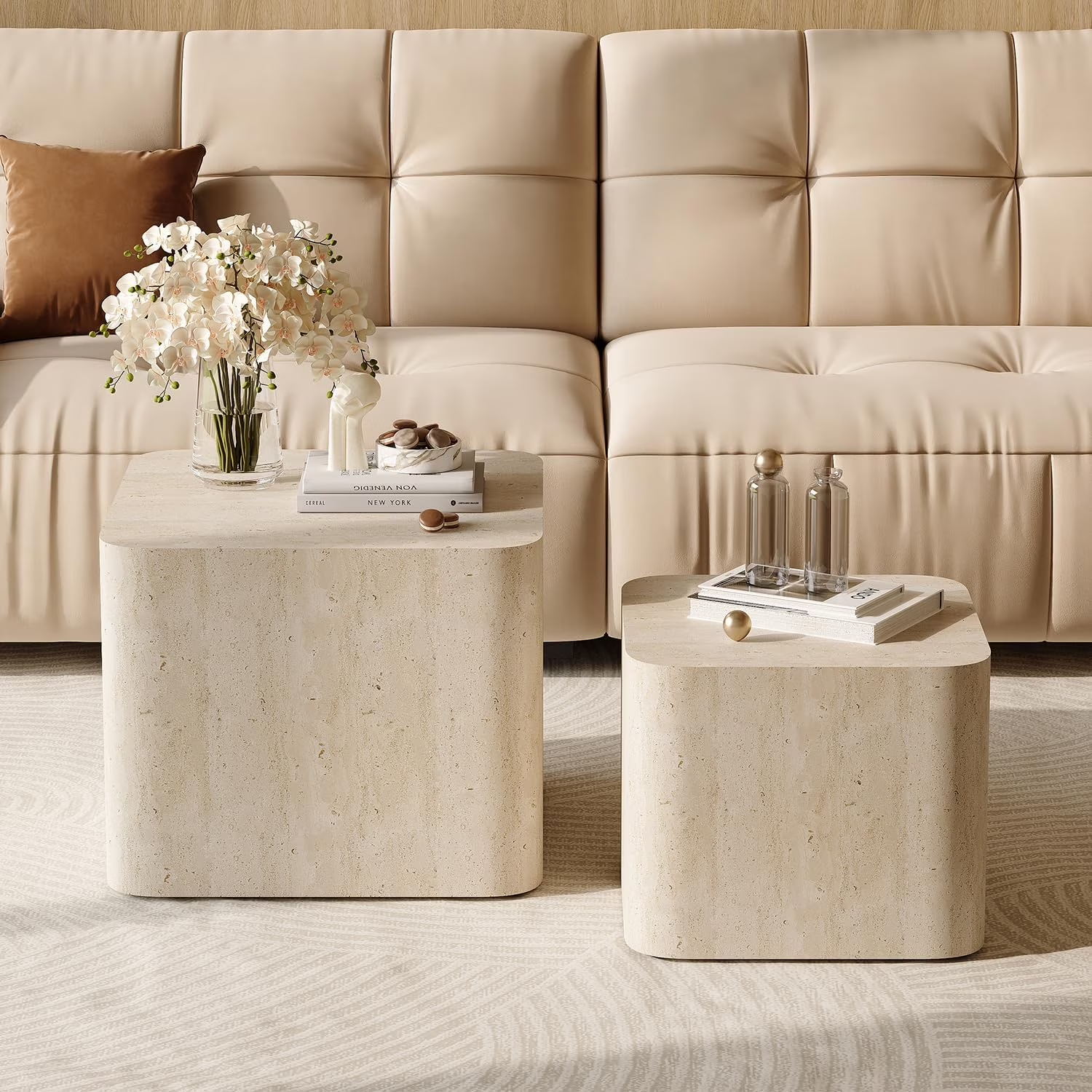 LAZZO Nesting Coffee Table Set of 2, Modern Wooden Coffee Table & End Table, Small Side Tables for Living Room, Bedroom & Apartment, Beige