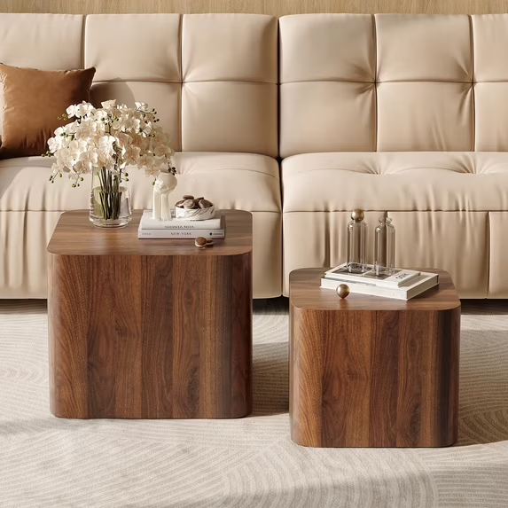 LAZZO Nesting Coffee Table Set of 2, Modern Wooden Coffee Table & End Table, Small Side Tables for Living Room, Bedroom & Apartment, Brown