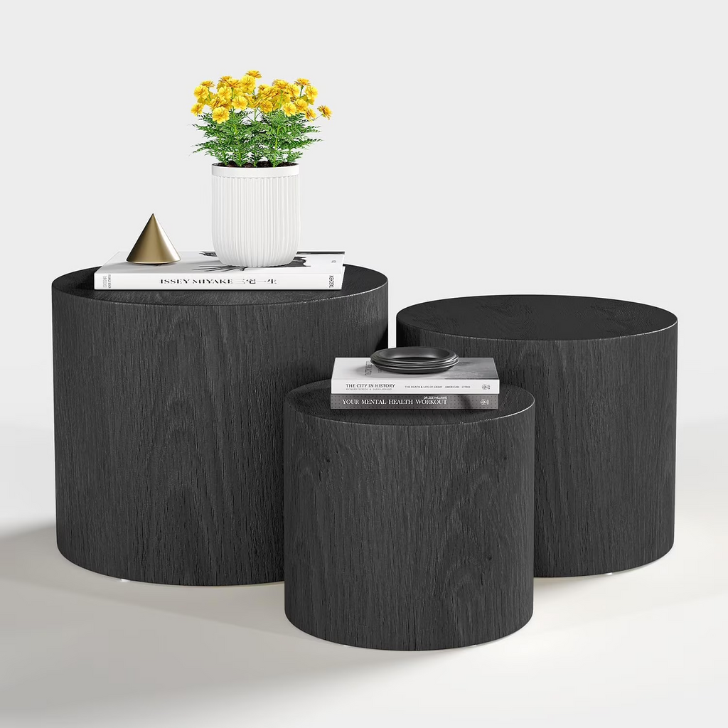 LAZZO Nesting Round Coffee Table Set of 3, Modern Wooden Accent Side Table, Space-Saving Table for Living Room Bedroom, Black