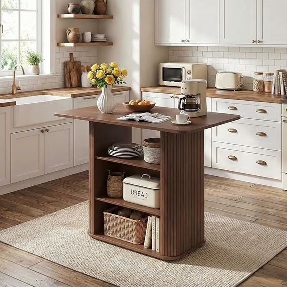 LAZZO 43.5" Kitchen Island with Storage, 3-Tier Farmhouse Counter Height Table, Rustic Wood Coffee Bar Table for Kitchen & Dining Room, Walnut