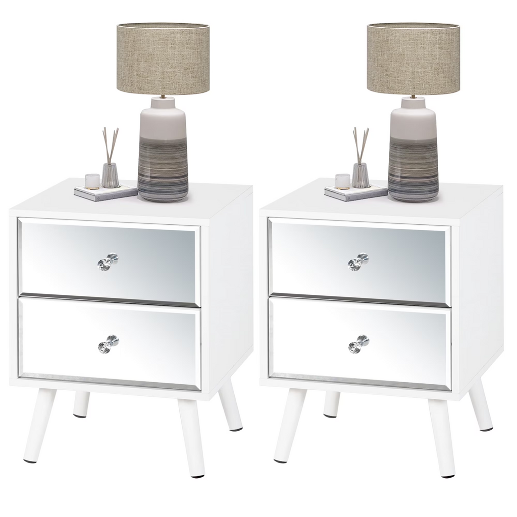 LAZZO Mirrored Nightstand Set of 2, Modern White 2-Drawer Bedside Table for Bedroom and Living Room