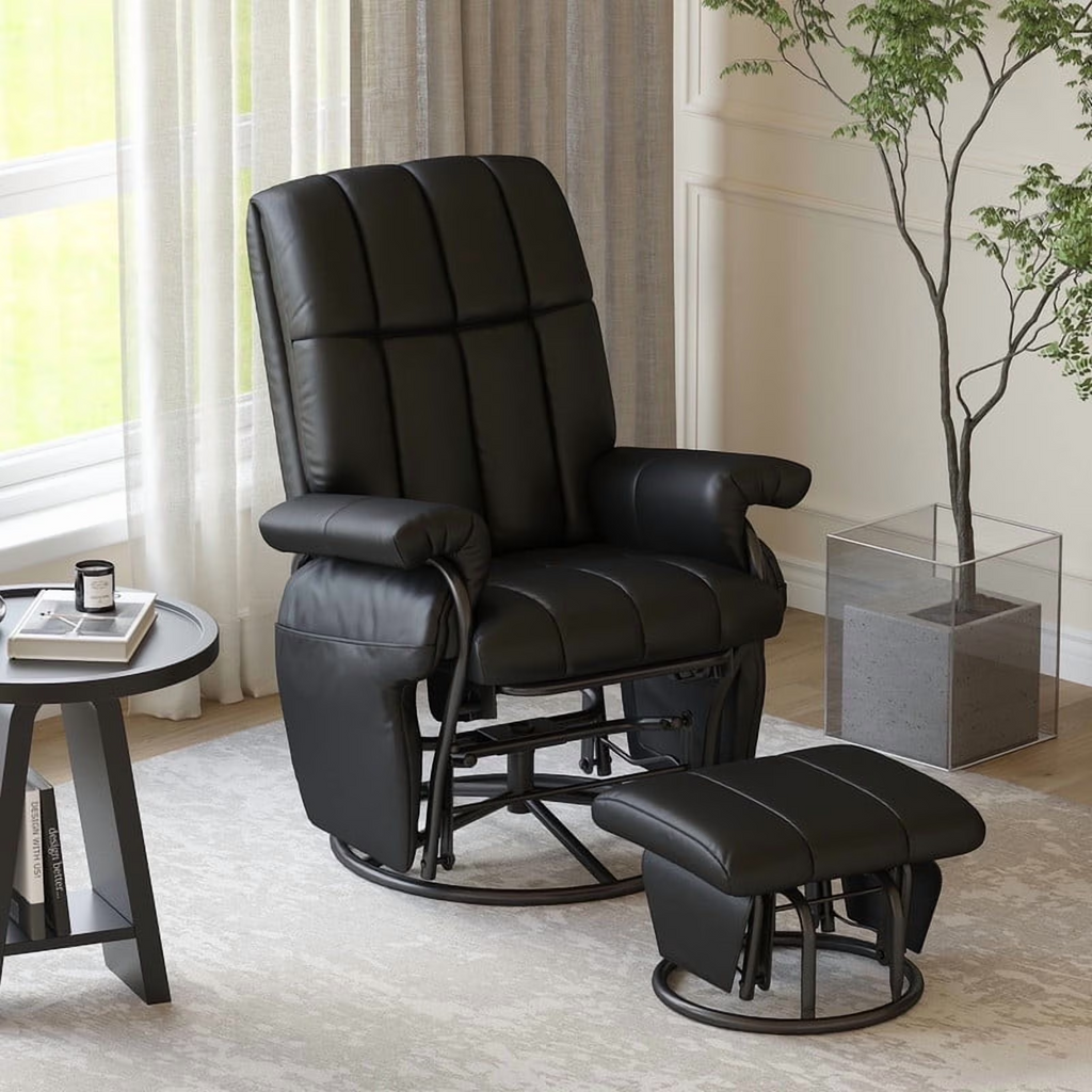LAZZO Swivel Glider Recliner with Ottoman, 360° Rocking Chair with Footrest & Side Pockets, Living Room Bedroom Office Recliner, Black