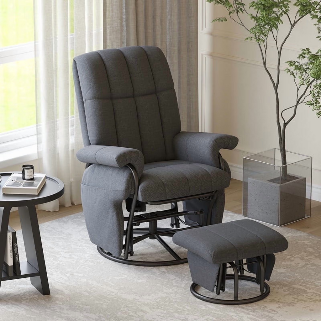 LAZZO Swivel Glider Recliner with Ottoman, 360° Rocking Chair with Footrest & Side Pockets, Living Room Bedroom Office Recliner, Gray