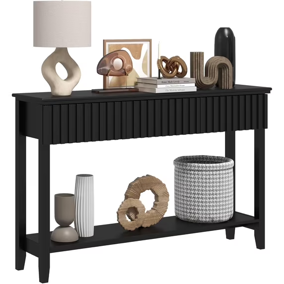 LAZZO Modern Fluted Console Table, Narrow Long Behind Couch Sofa Entryway Table with 3 Drawers & 1-Tier Open Shelf, Black