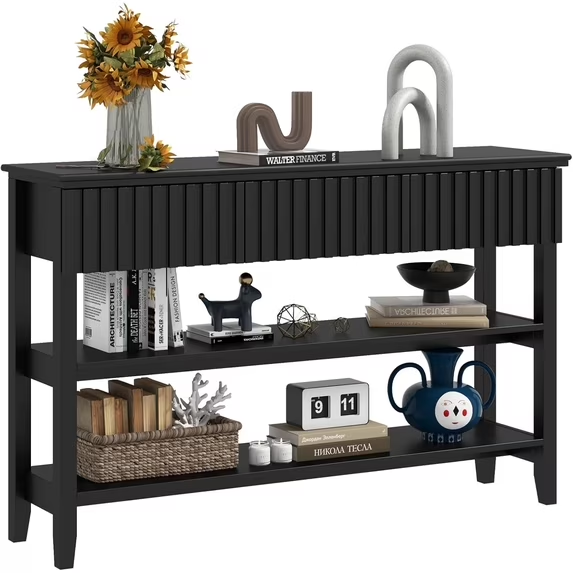 LAZZO Modern Fluted Console Table, Narrow Long Behind Couch Sofa Entryway Table with 3 Drawers & 2-Tier Open Shelf, Black