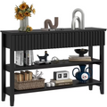 LAZZO Modern Fluted Console Table, Narrow Long Behind Couch Sofa Entryway Table with 3 Drawers & 2-Tier Open Shelf, Black
