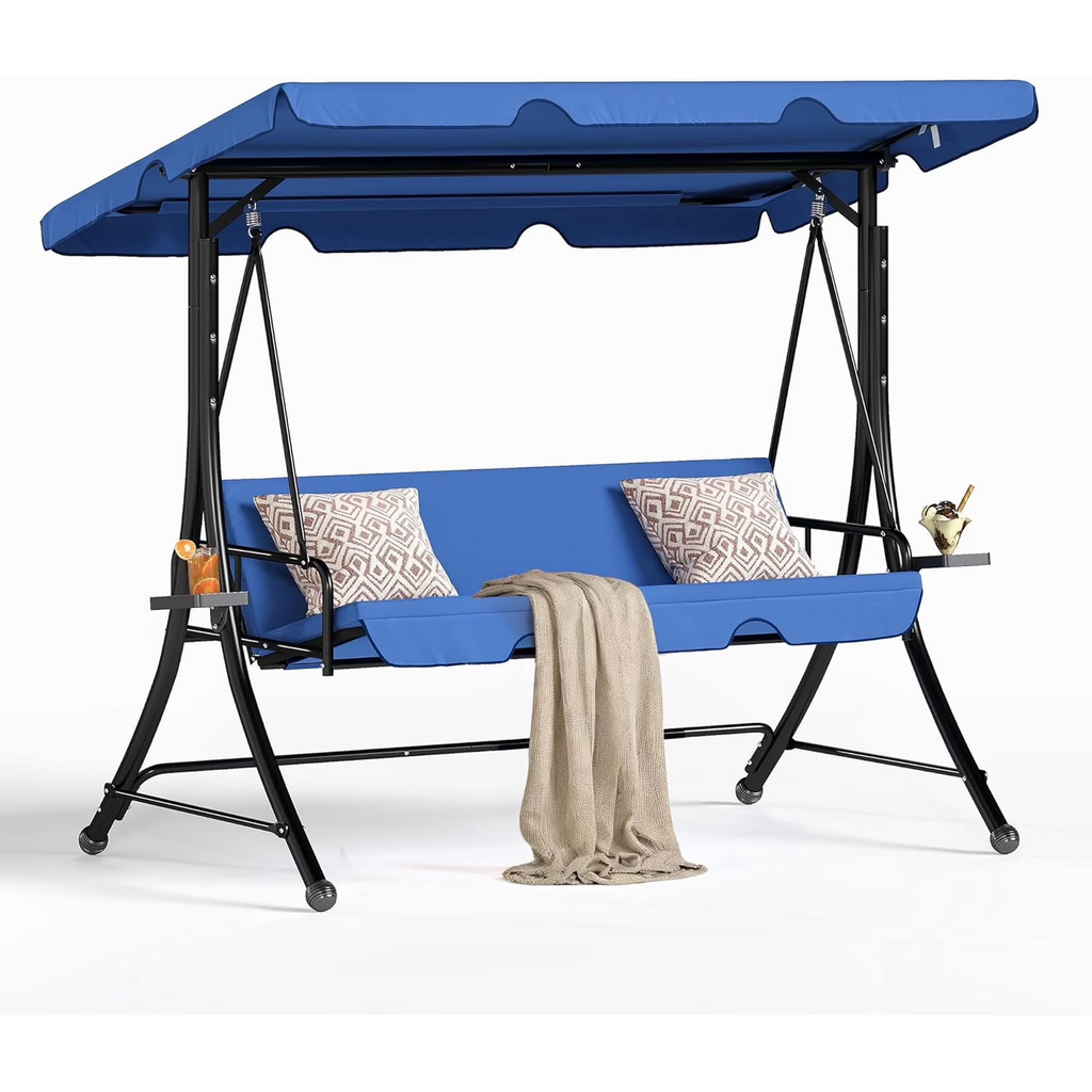 LAZZO 3-Seat Outdoor Porch Swing with Stand, Reclining Lounge Bed Convertible, Adjustable Canopy & Removable Cushions, Blue