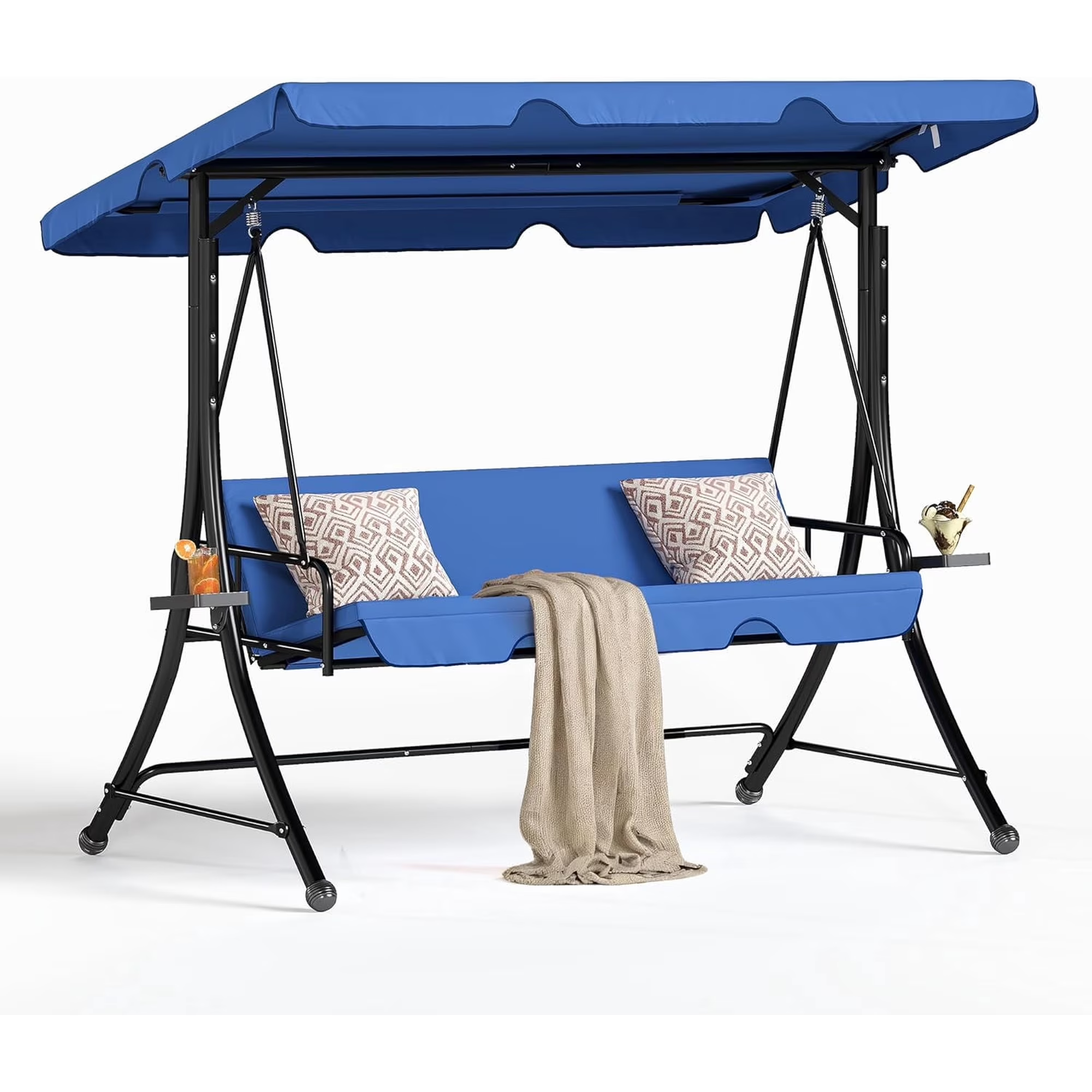 LAZZO 3-Seat Outdoor Porch Swing with Stand, Reclining Lounge Bed Convertible, Adjustable Canopy & Removable Cushions, Blue