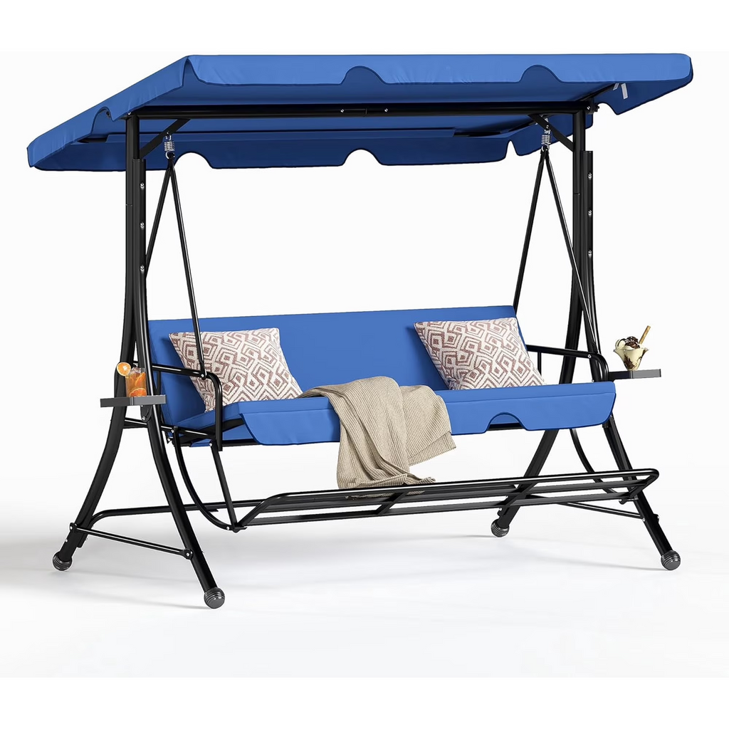 LAZZO 3-Seat Outdoor Porch Swing with Stand and Footrest, Reclining Lounge Bed Convertible, Adjustable Canopy & Removable Cushions, Blue
