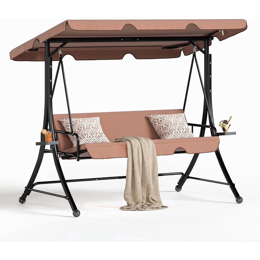 LAZZO 3-Seat Outdoor Porch Swing with Stand, Reclining Lounge Bed Convertible, Adjustable Canopy & Removable Cushions, Brown